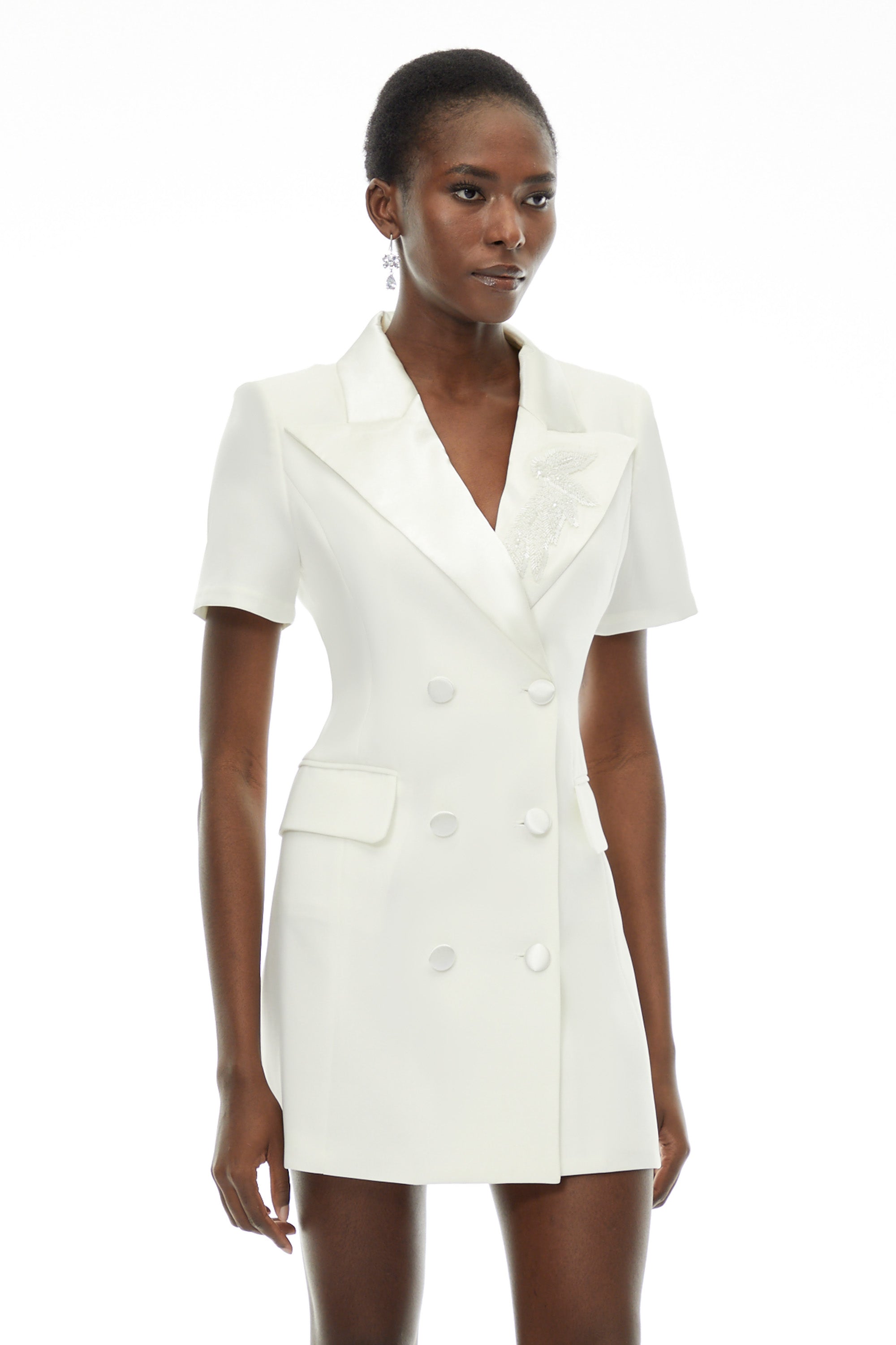 Daniella White Double-Breasted Embroidered Blazer Dress