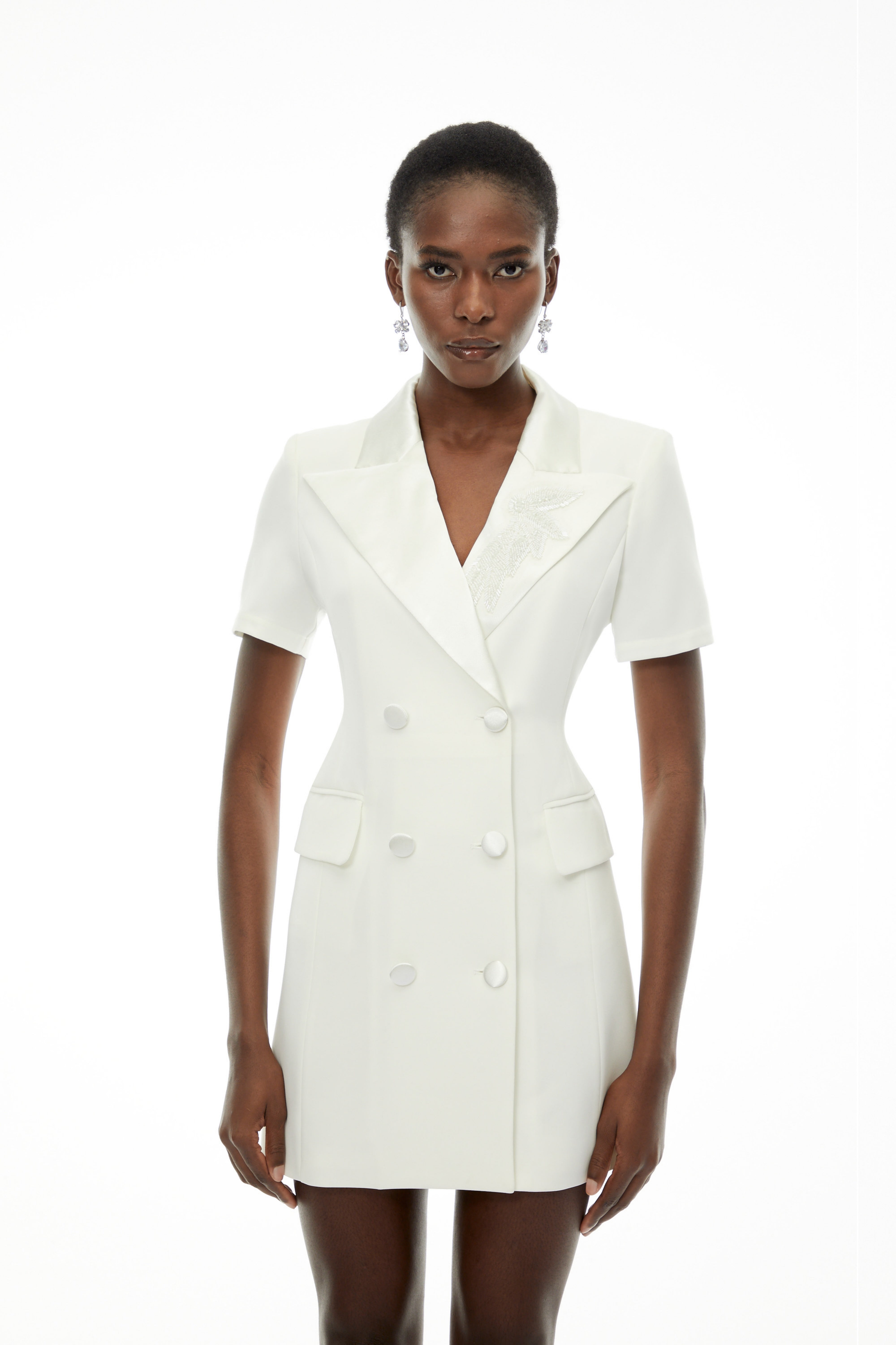 Daniella White Double-Breasted Embroidered Blazer Dress