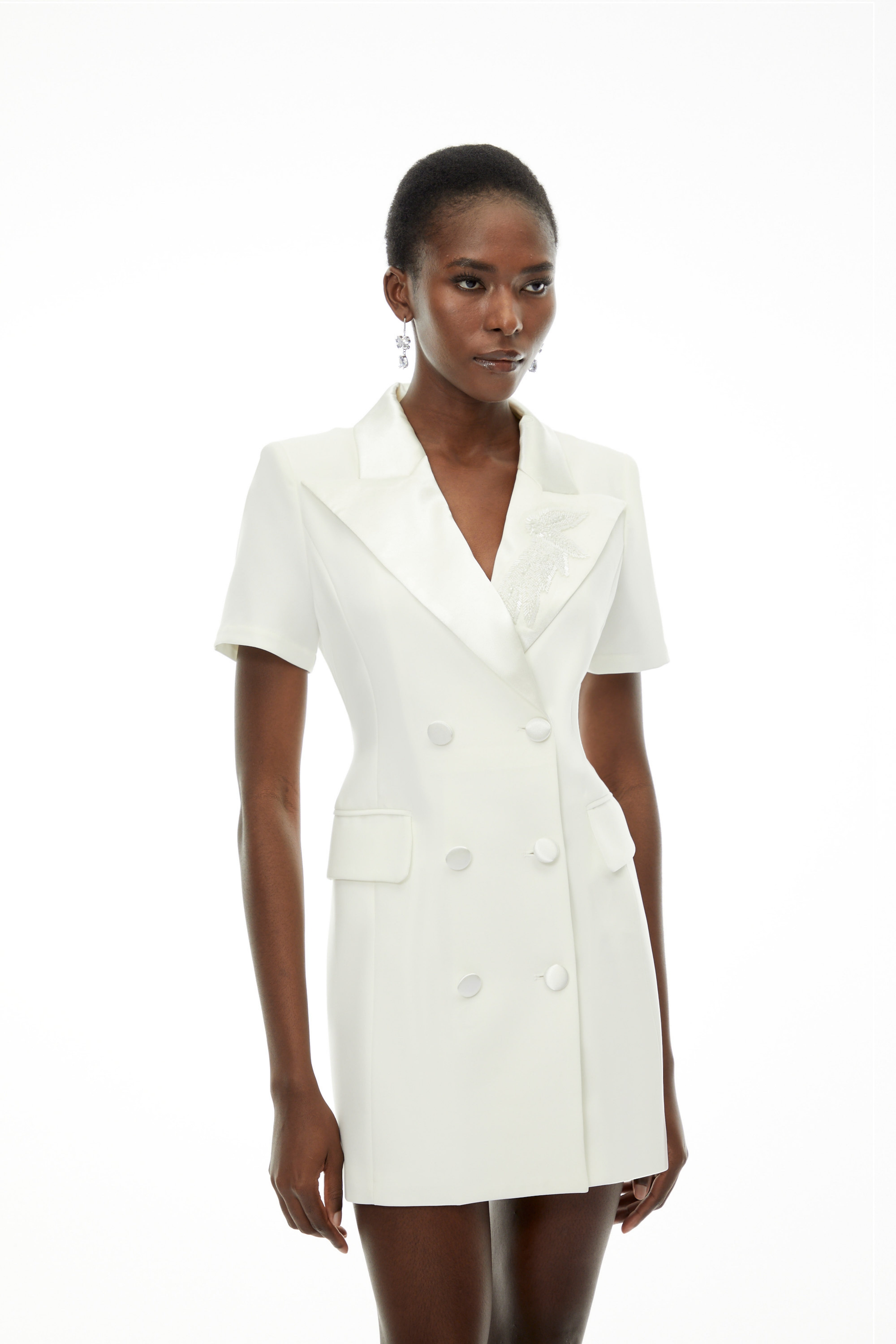 Daniella White Double-Breasted Embroidered Blazer Dress