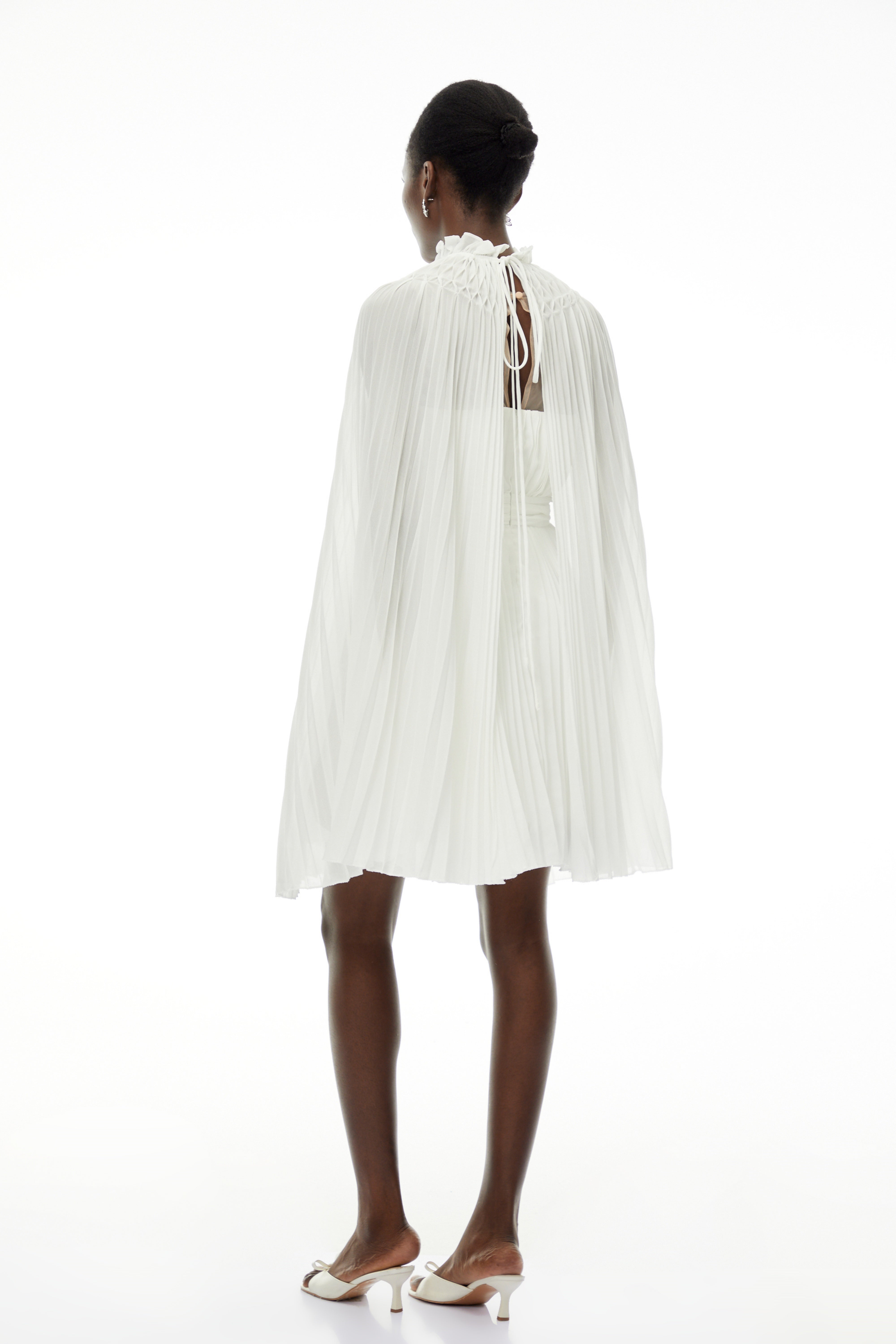 Daphne White High Neck Pleated Dress & Cape Set