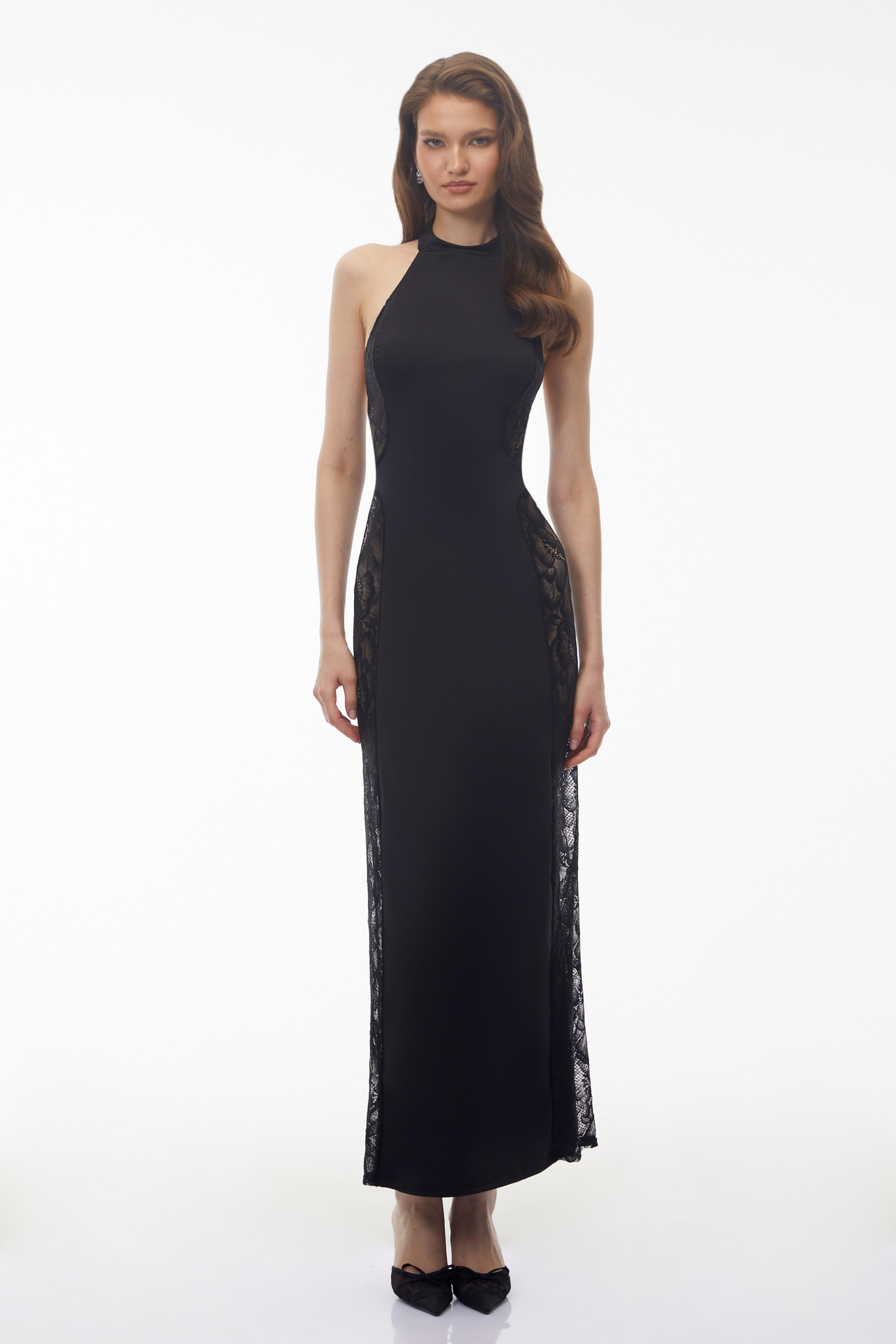 Darcie Black Halterneck Floral Lace Maxi Dress