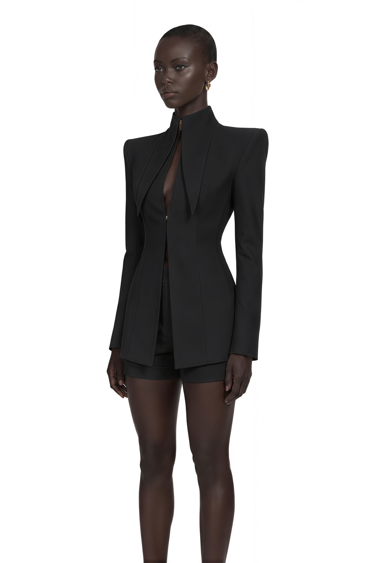 darcy black power shoulder blazer & shorts set with wingtip collar