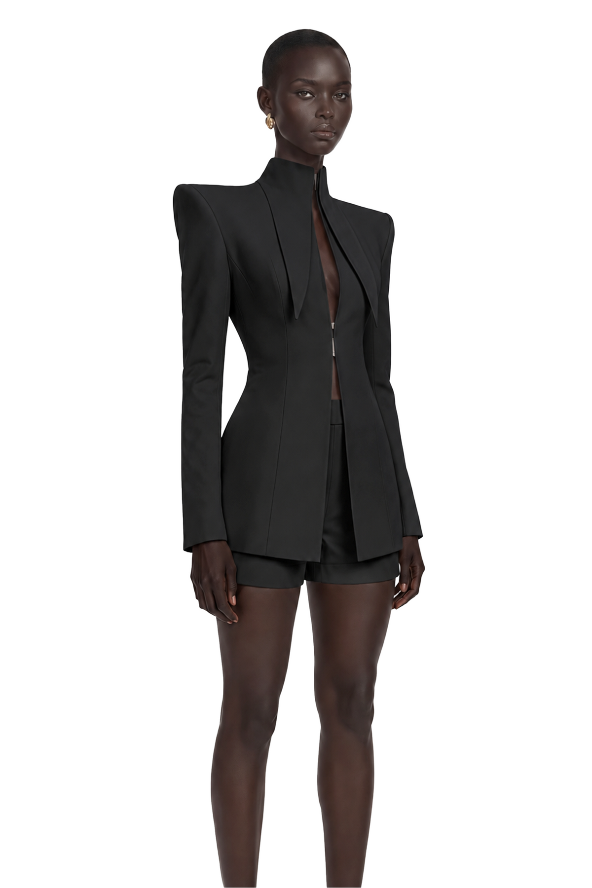 darcy black power shoulder blazer & shorts set with wingtip collar