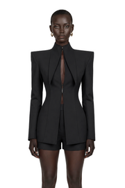 Darcy Black Power Shoulder Blazer & Shorts Set with Wingtip Collar