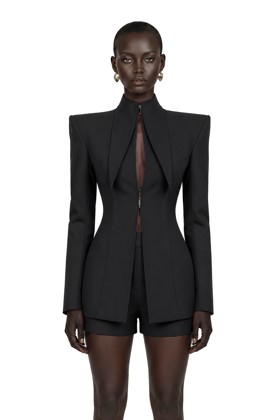 darcy black power shoulder blazer & shorts set with wingtip collar