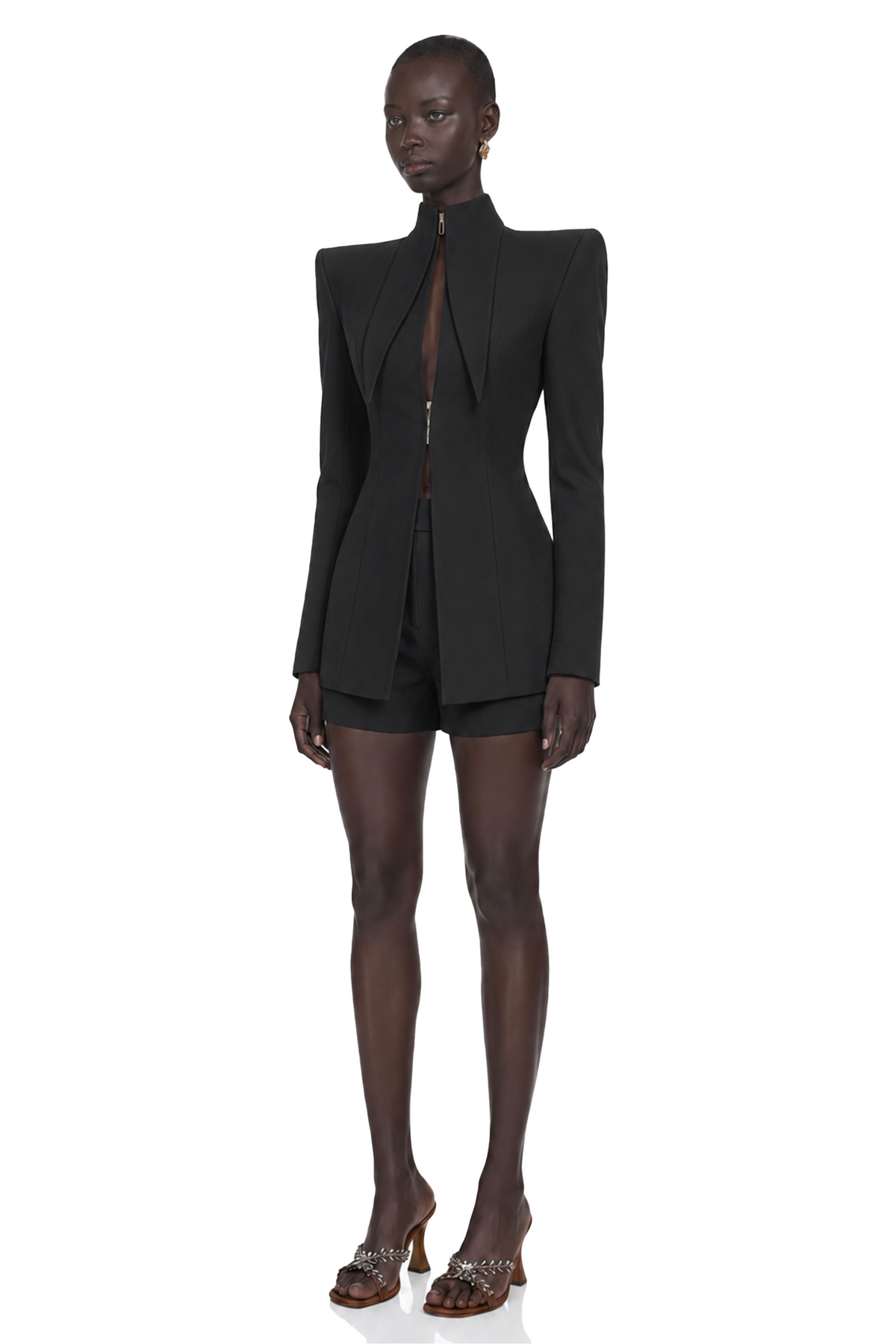 darcy black power shoulder blazer & shorts set with wingtip collar