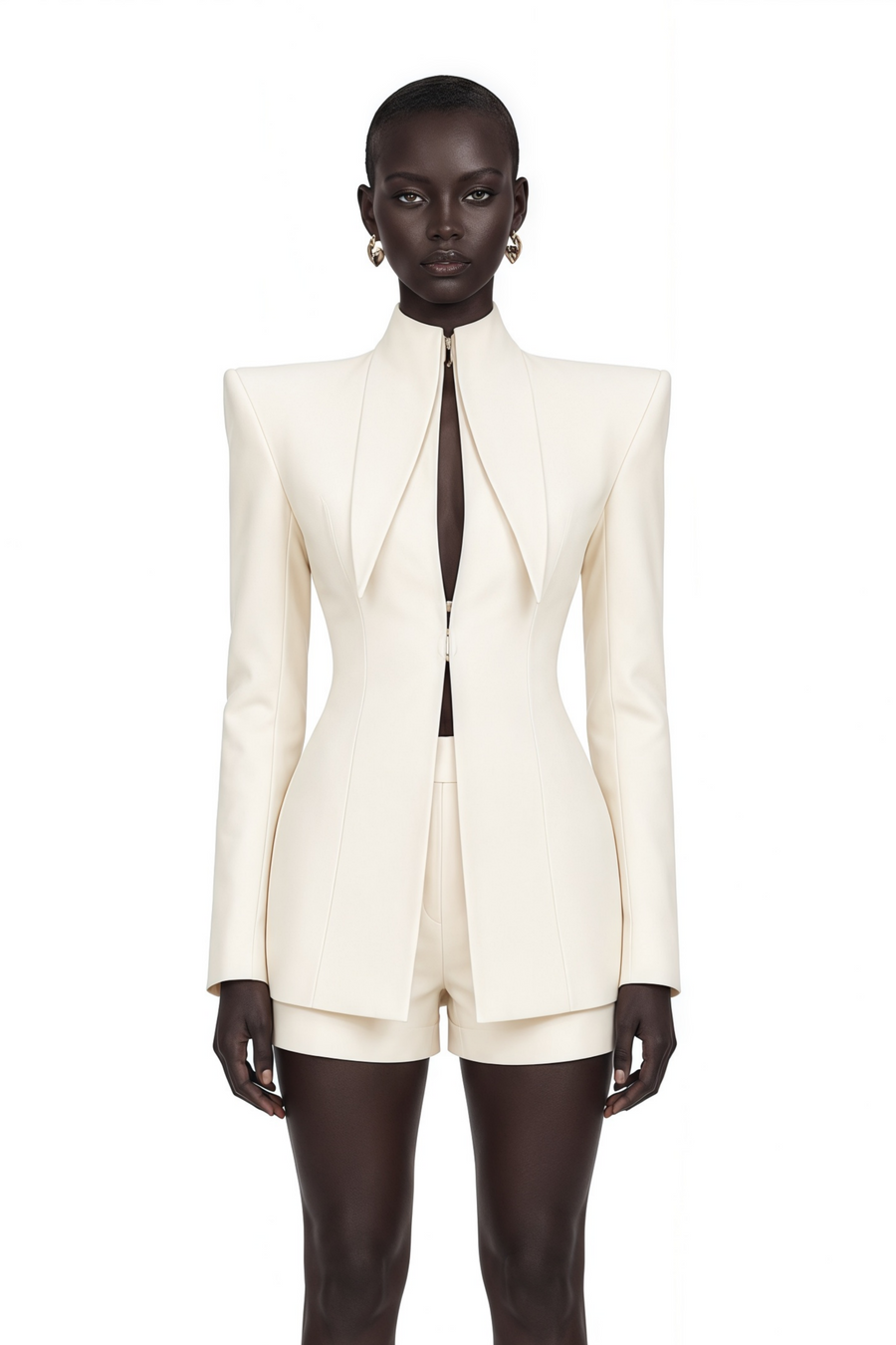 Darcy Ivory Power Shoulder Blazer & Shorts Set with Wingtip Collar