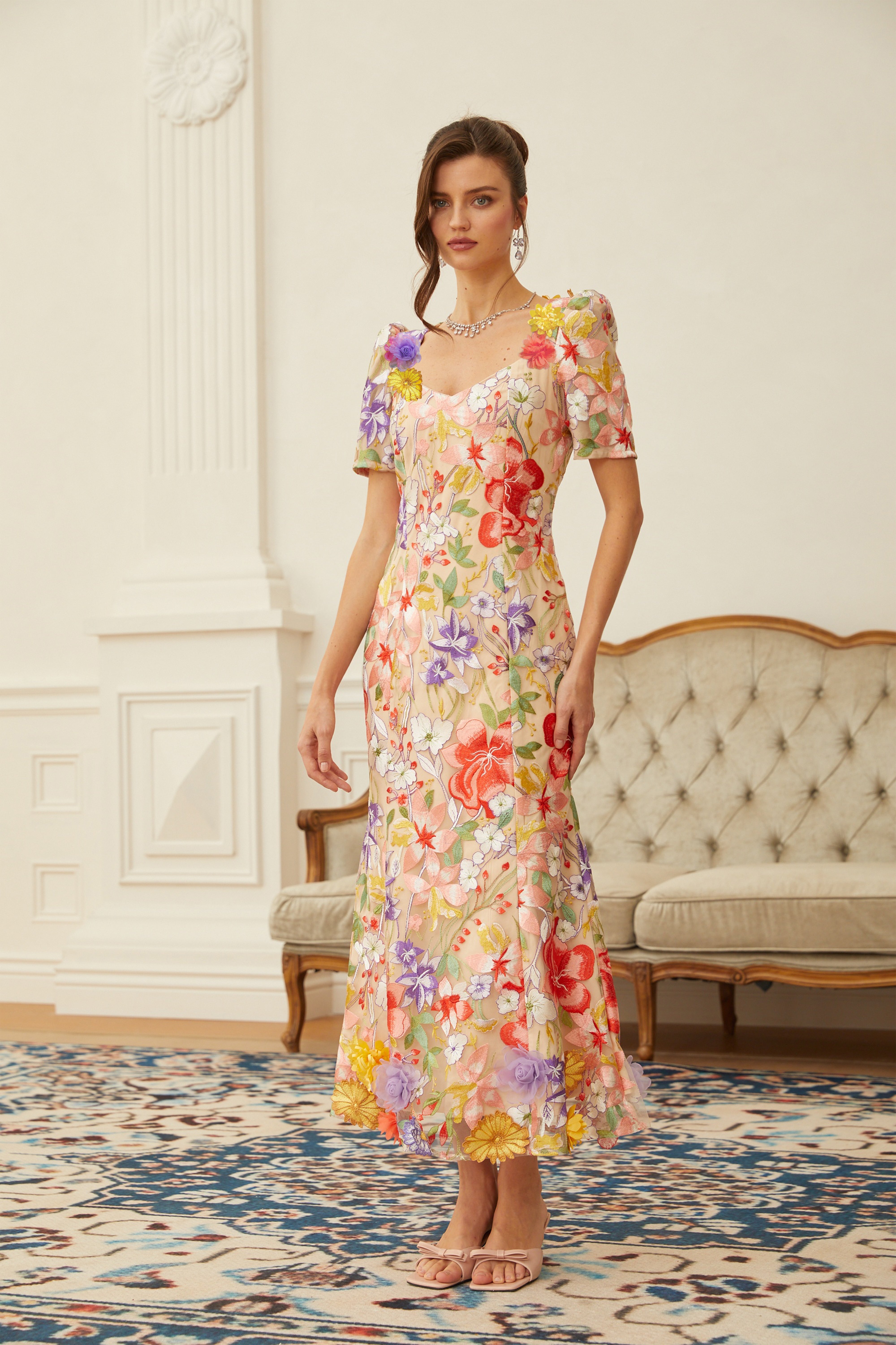 Darcy Neutral Floral Embroidered Tulle Midi Dress (Final Sale)