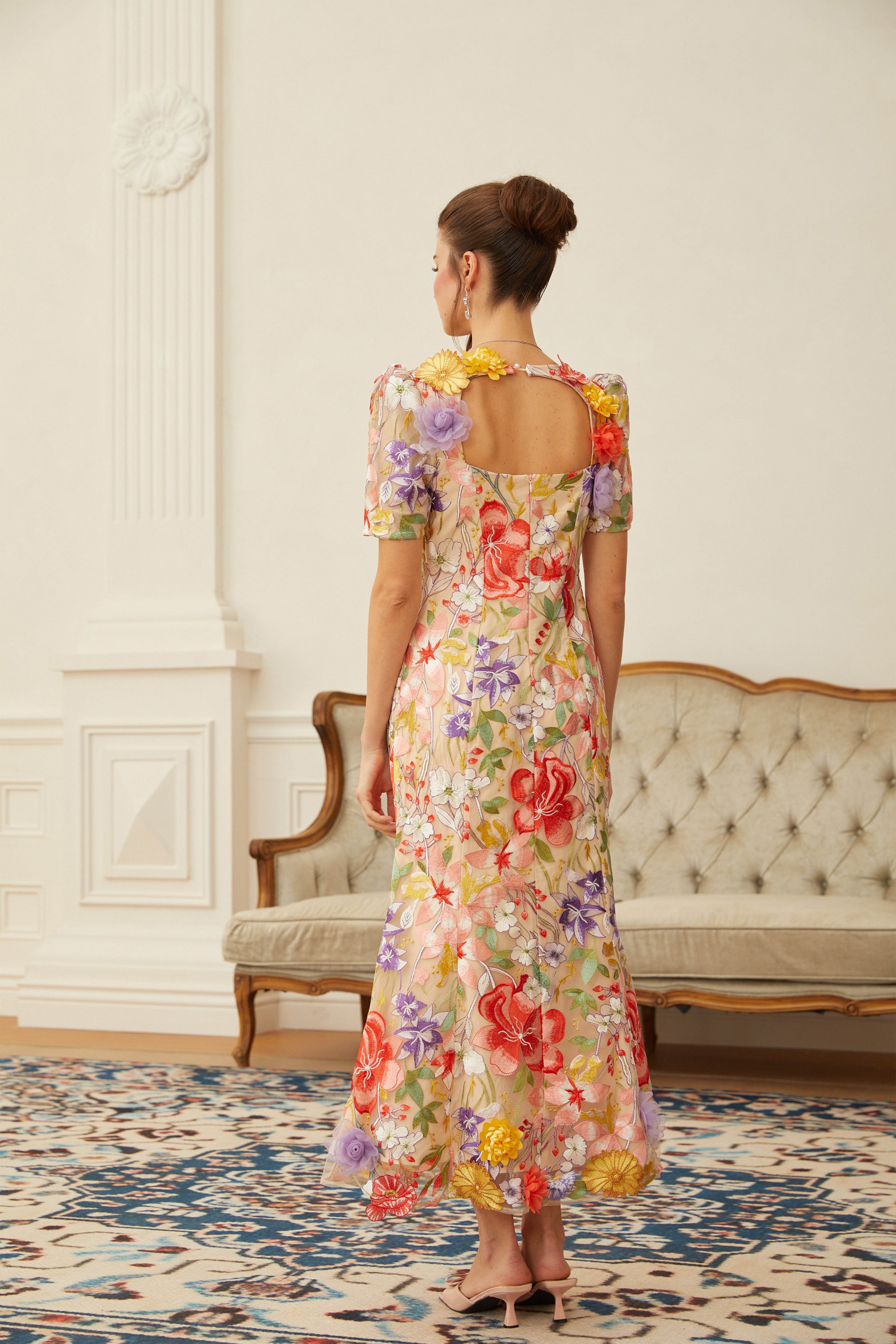 Darcy Neutral Floral Embroidered Tulle Midi Dress (Final Sale)
