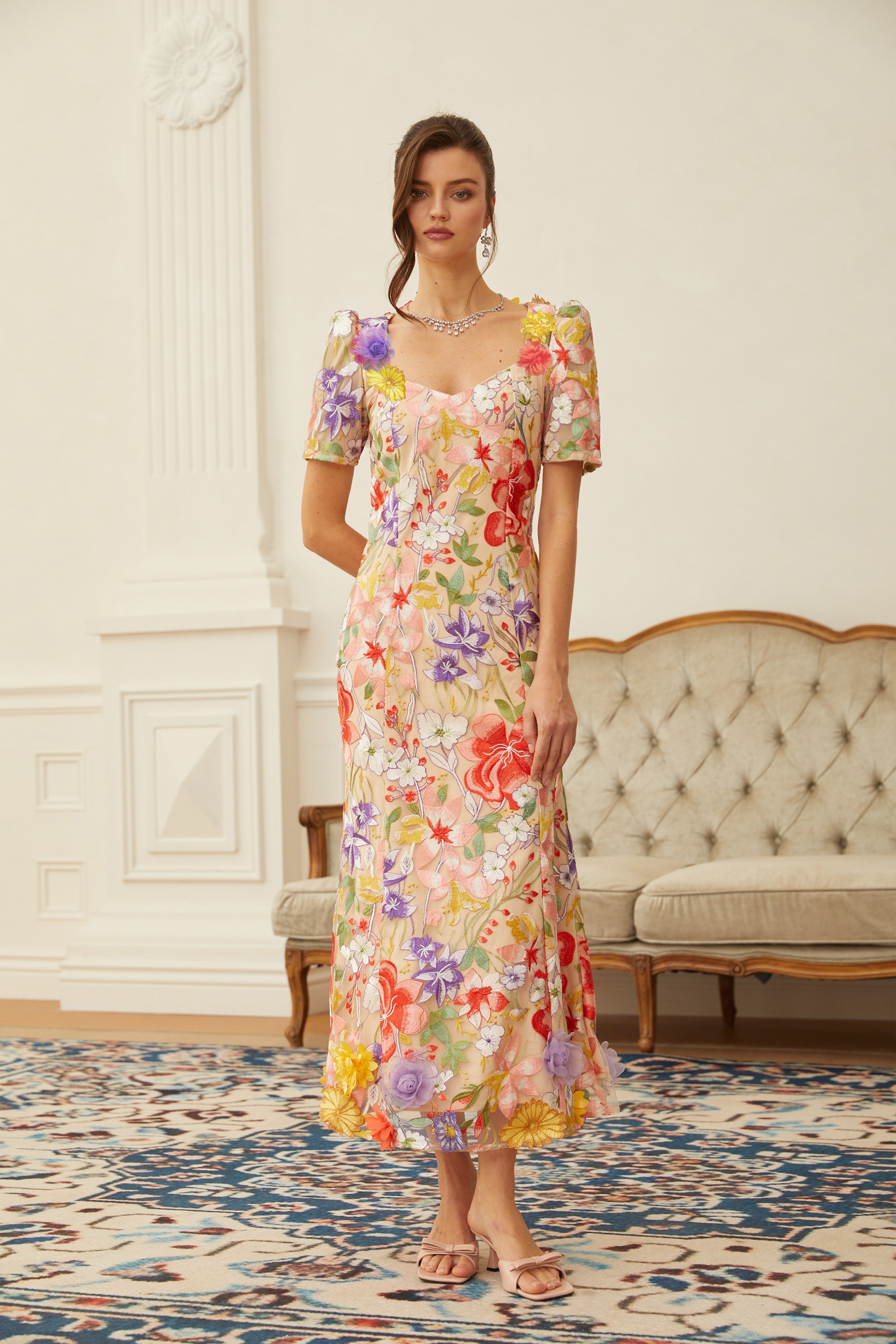 Darcy Neutral Floral Embroidered Tulle Midi Dress (Final Sale)