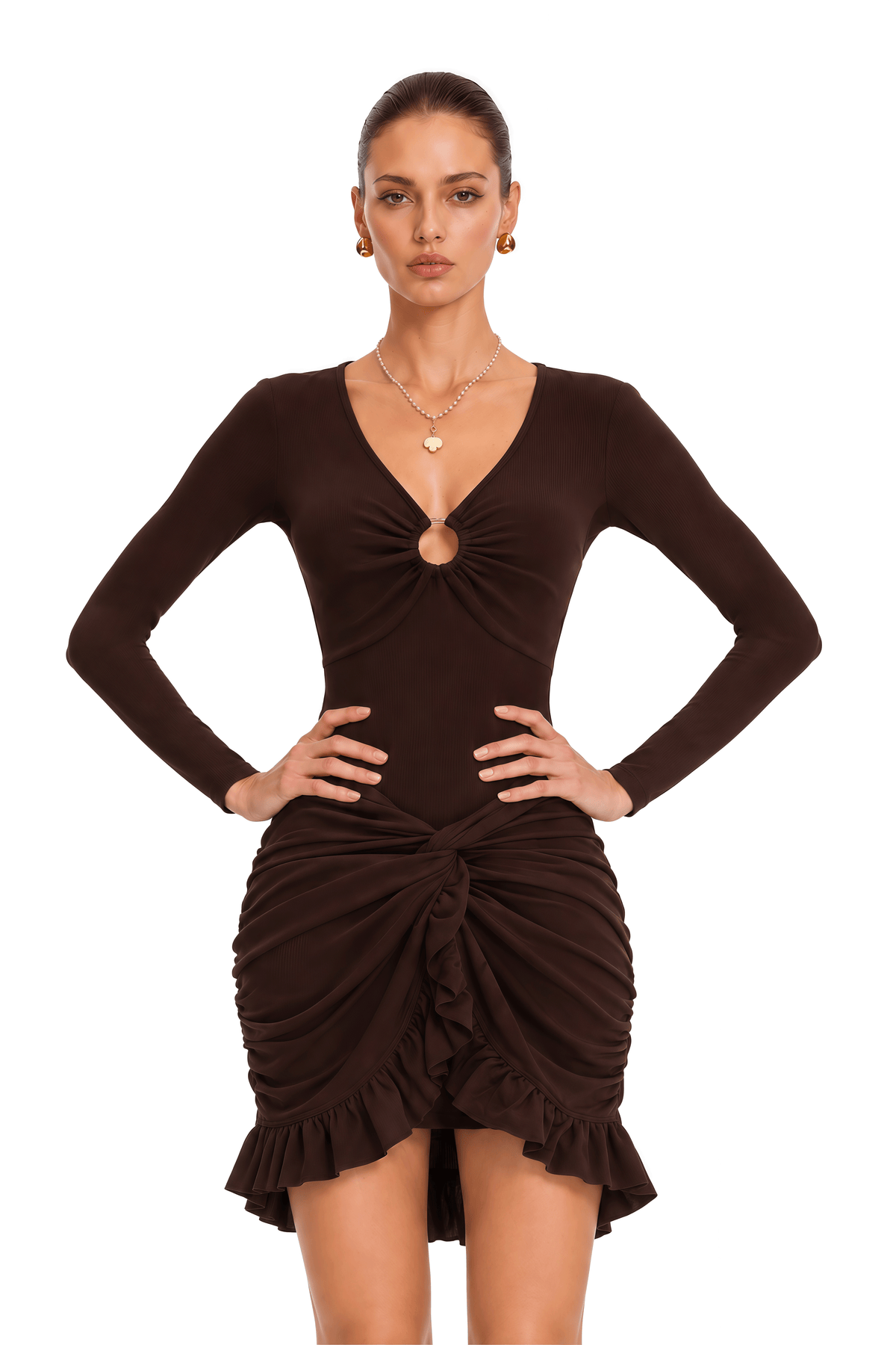 davina brown ruched v-neck long sleeve ruffle mini dress