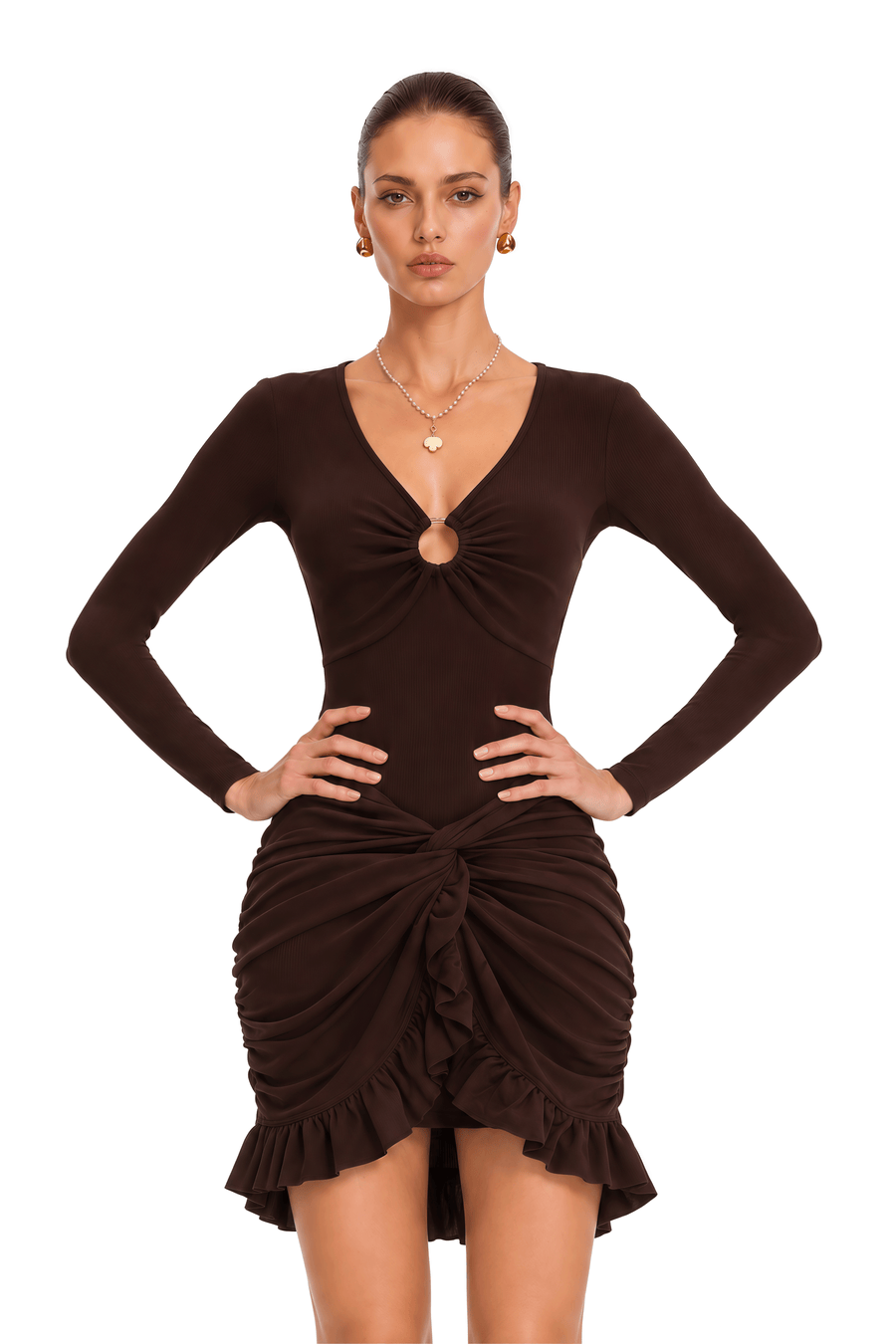davina brown ruched v-neck long sleeve ruffle mini dress