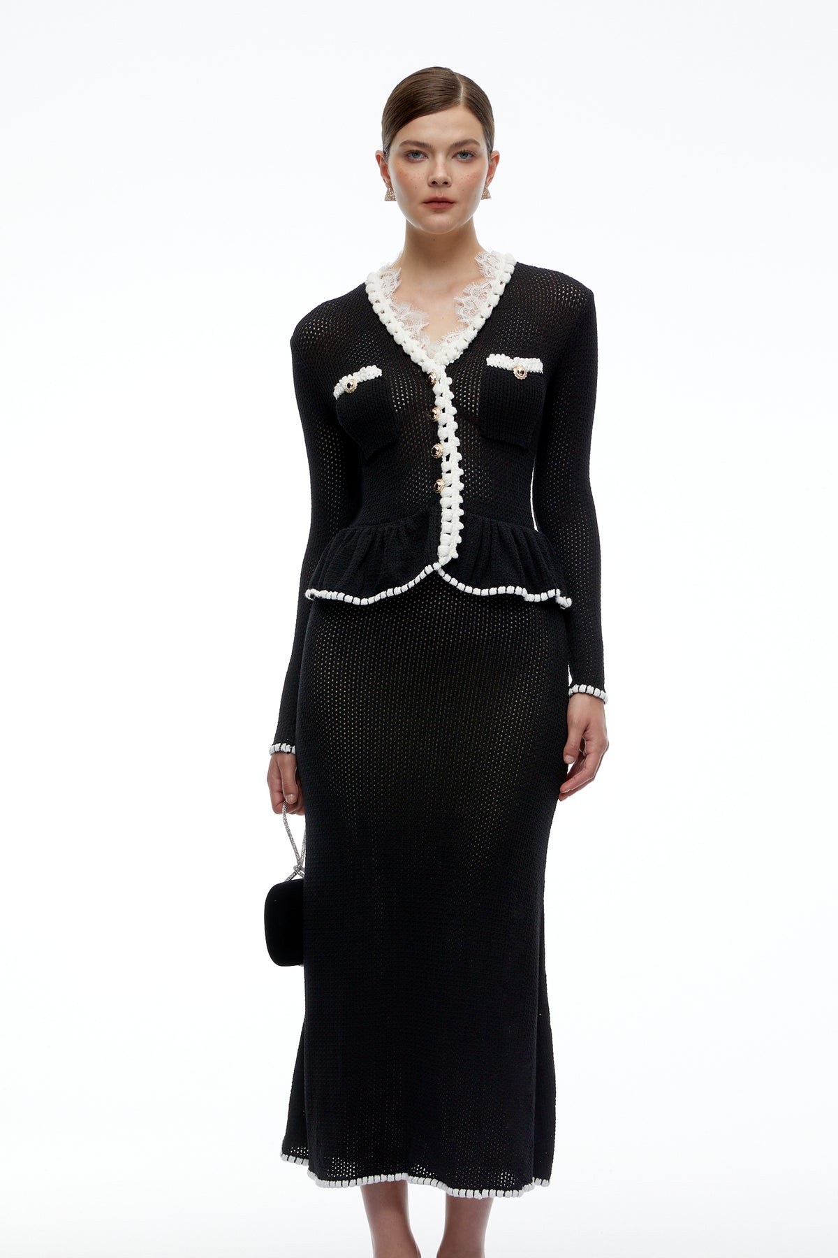 deborah black contrast trim peplum knit blouse & skirt set