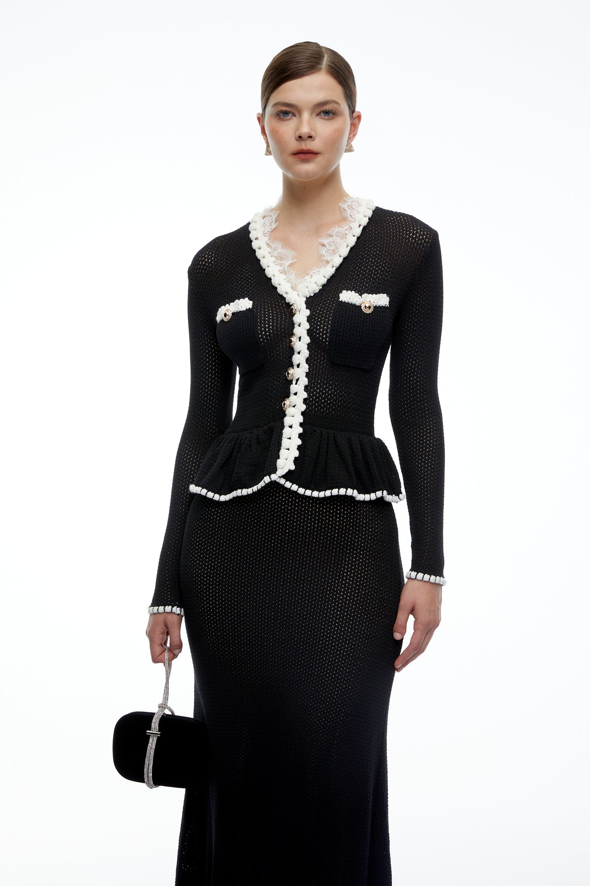 deborah black contrast trim peplum knit blouse & skirt set