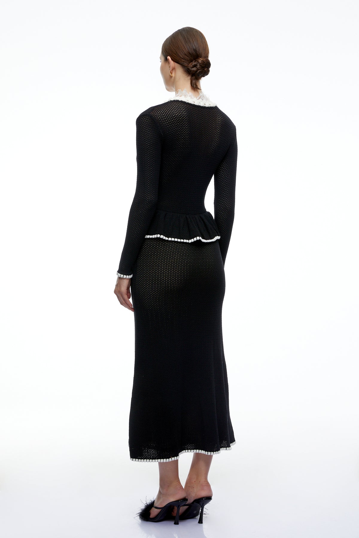 deborah black contrast trim peplum knit blouse & skirt set