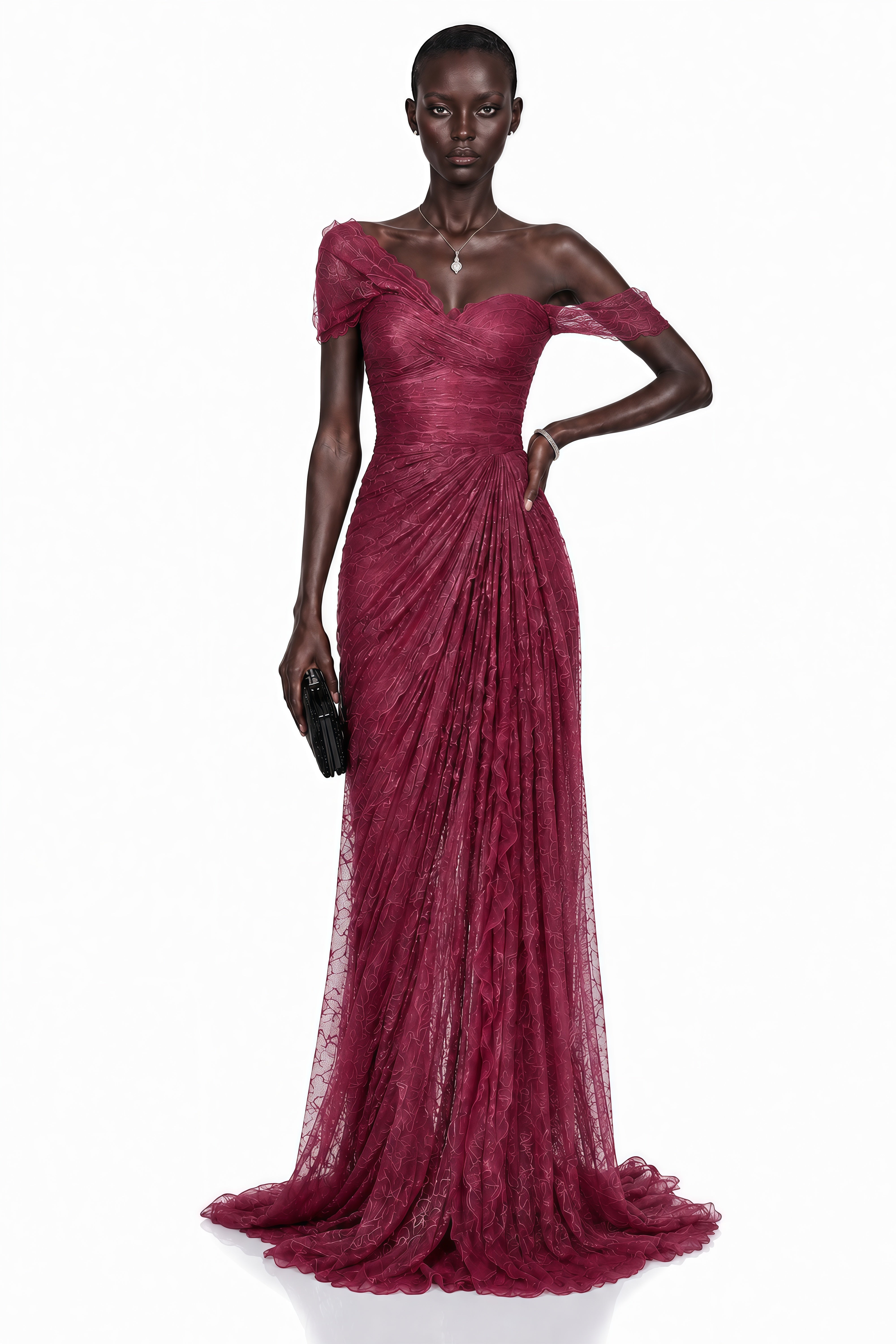 Defne Pink One Shoulder Ruched Lace Maxi Dress