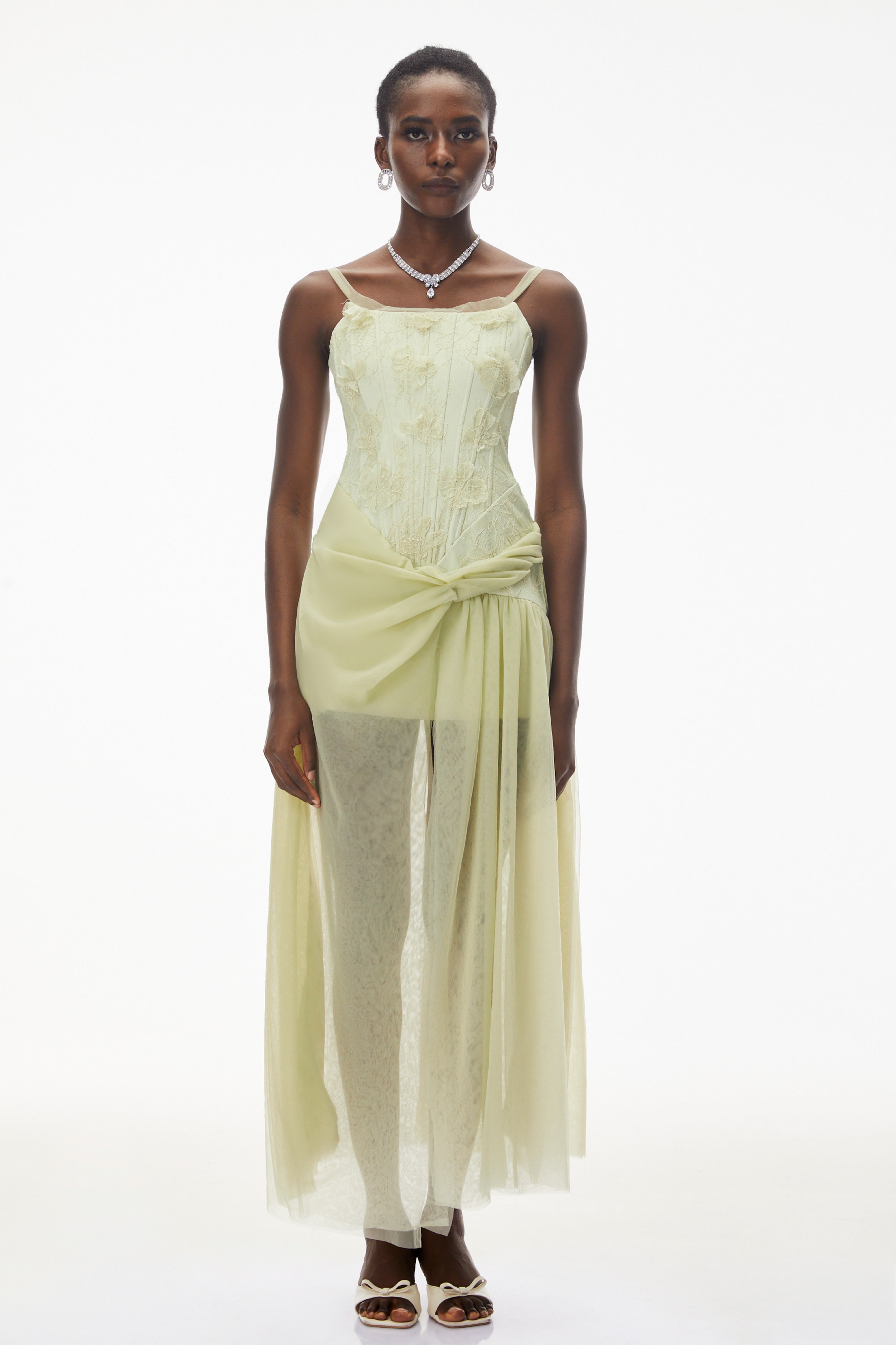 Deirdre Lime Green Ruched Maxi Dress with Slit