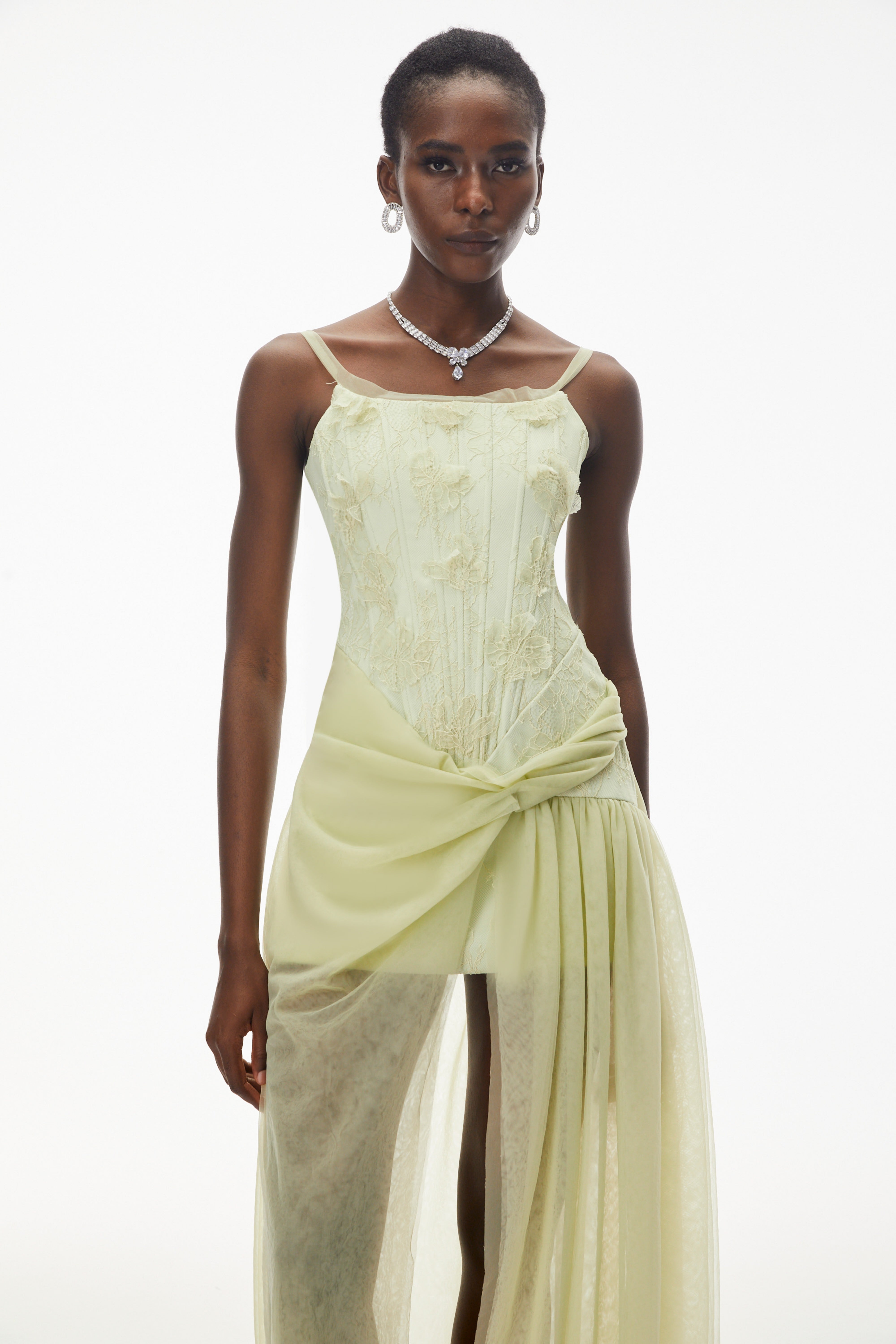 Deirdre Lime Green Ruched Maxi Dress with Slit