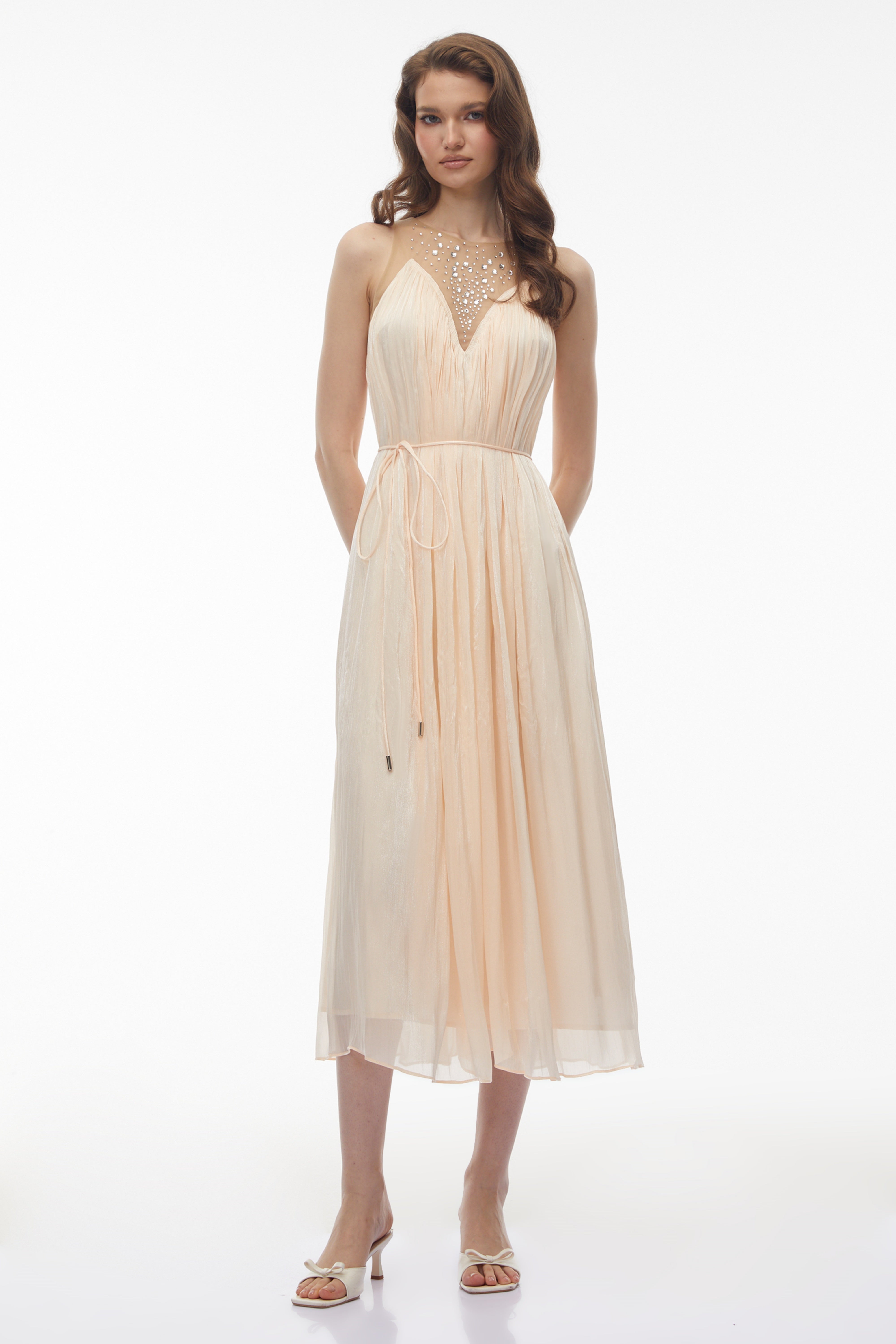 Deirdre Pink Embellishment Ruched Midi Dress