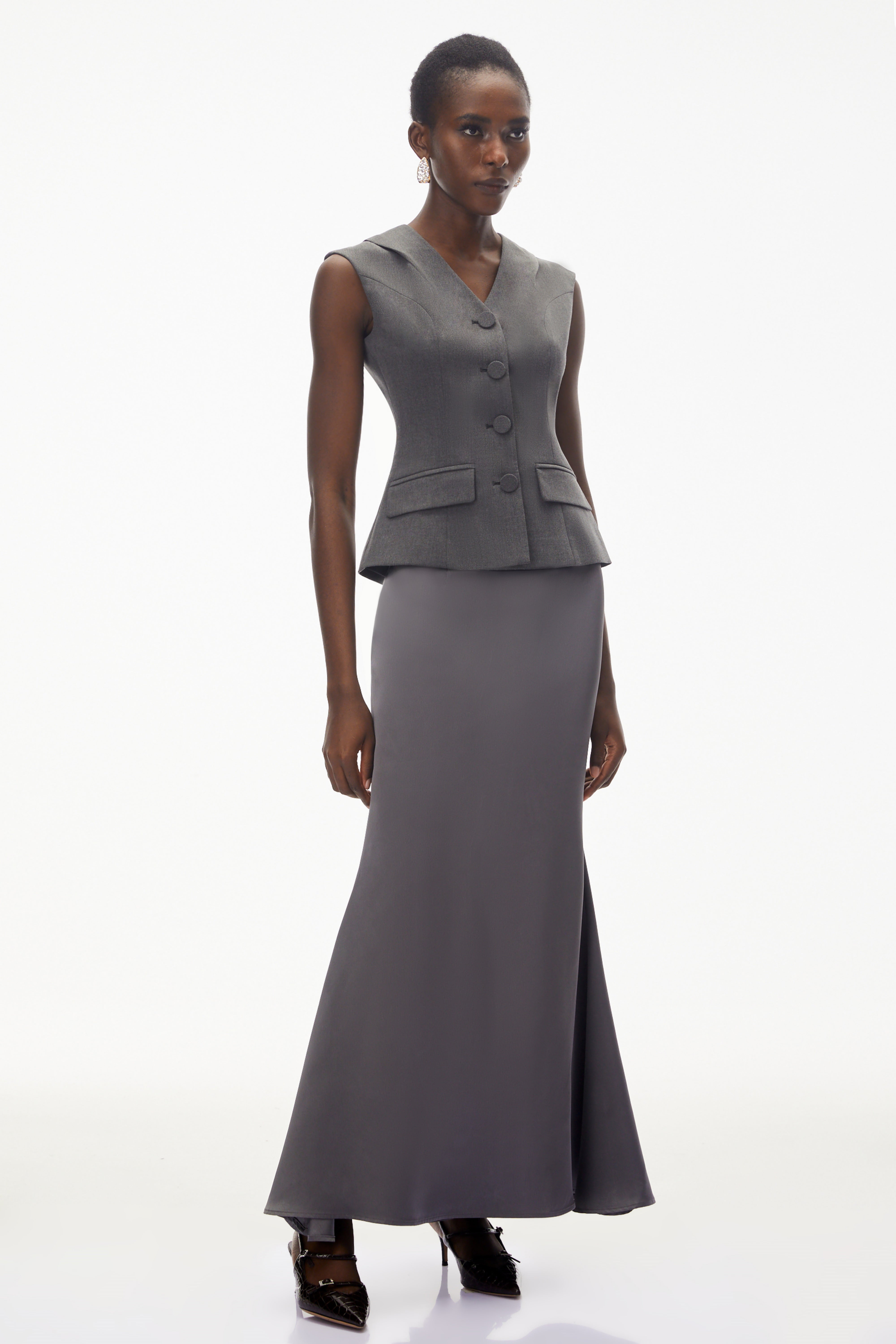 Delaram Grey Sleeveless Top & Fishtail Skirt Set