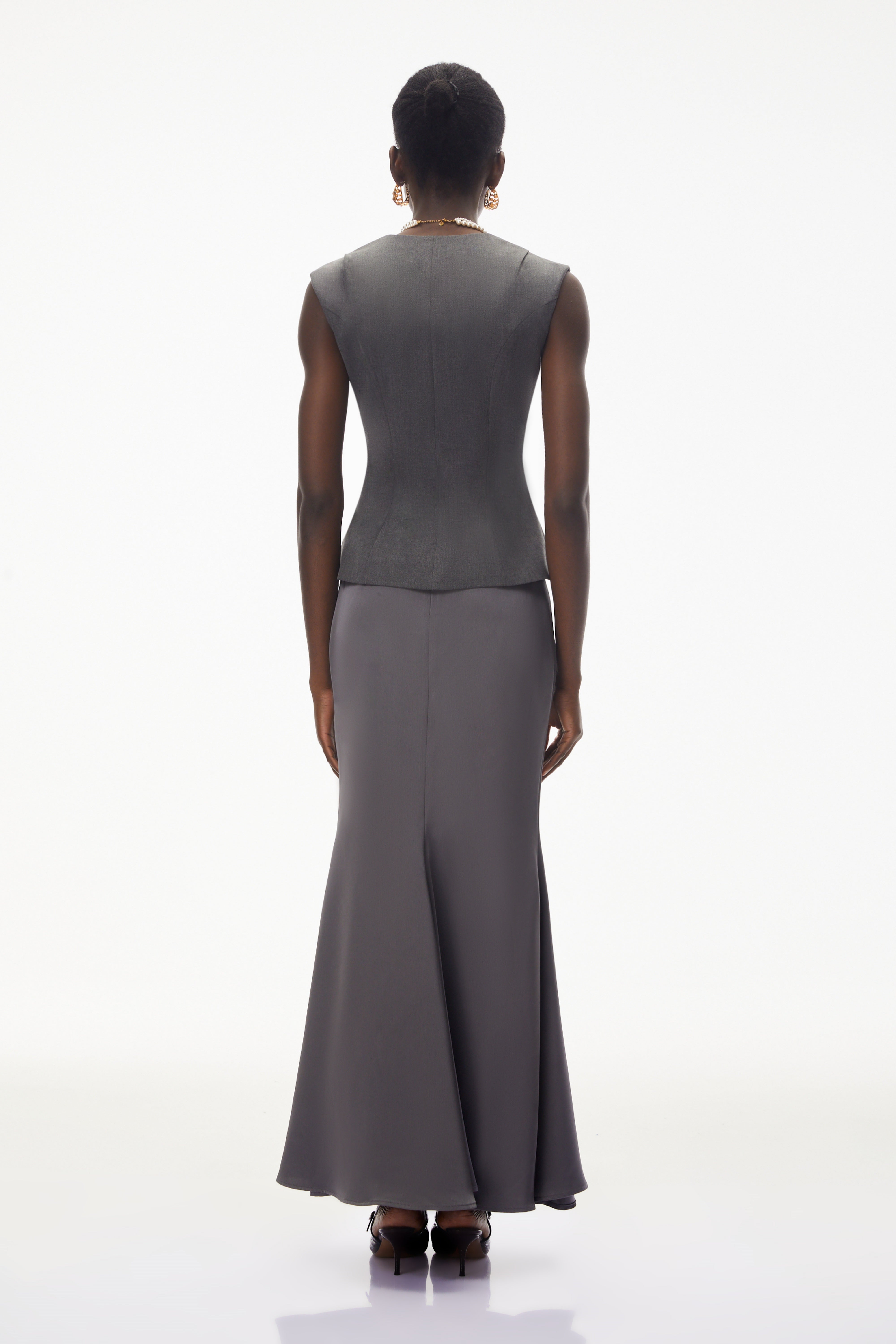 Delaram Grey Sleeveless Top & Fishtail Skirt Set