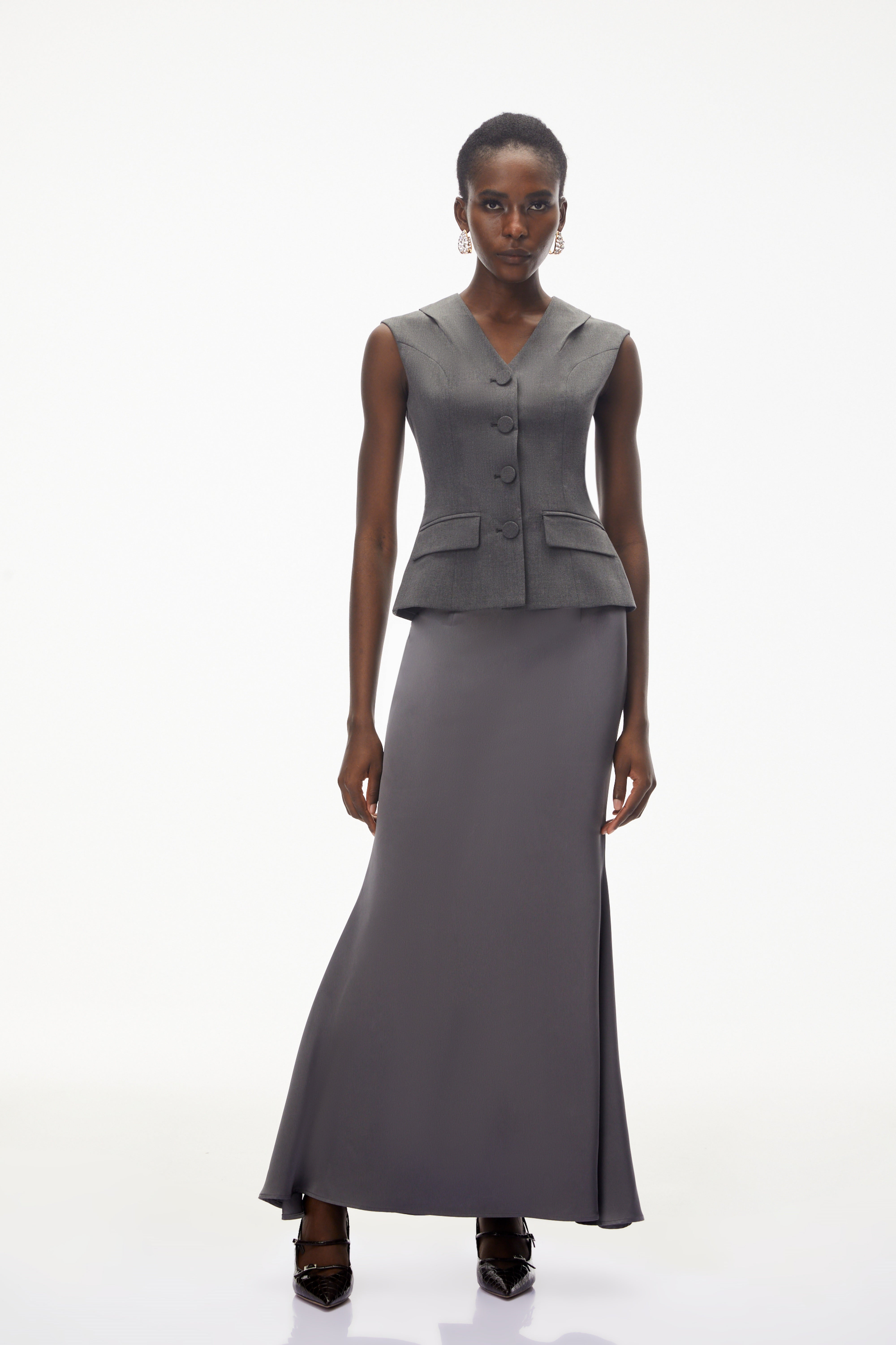 Delaram Grey Sleeveless Top & Fishtail Skirt Set