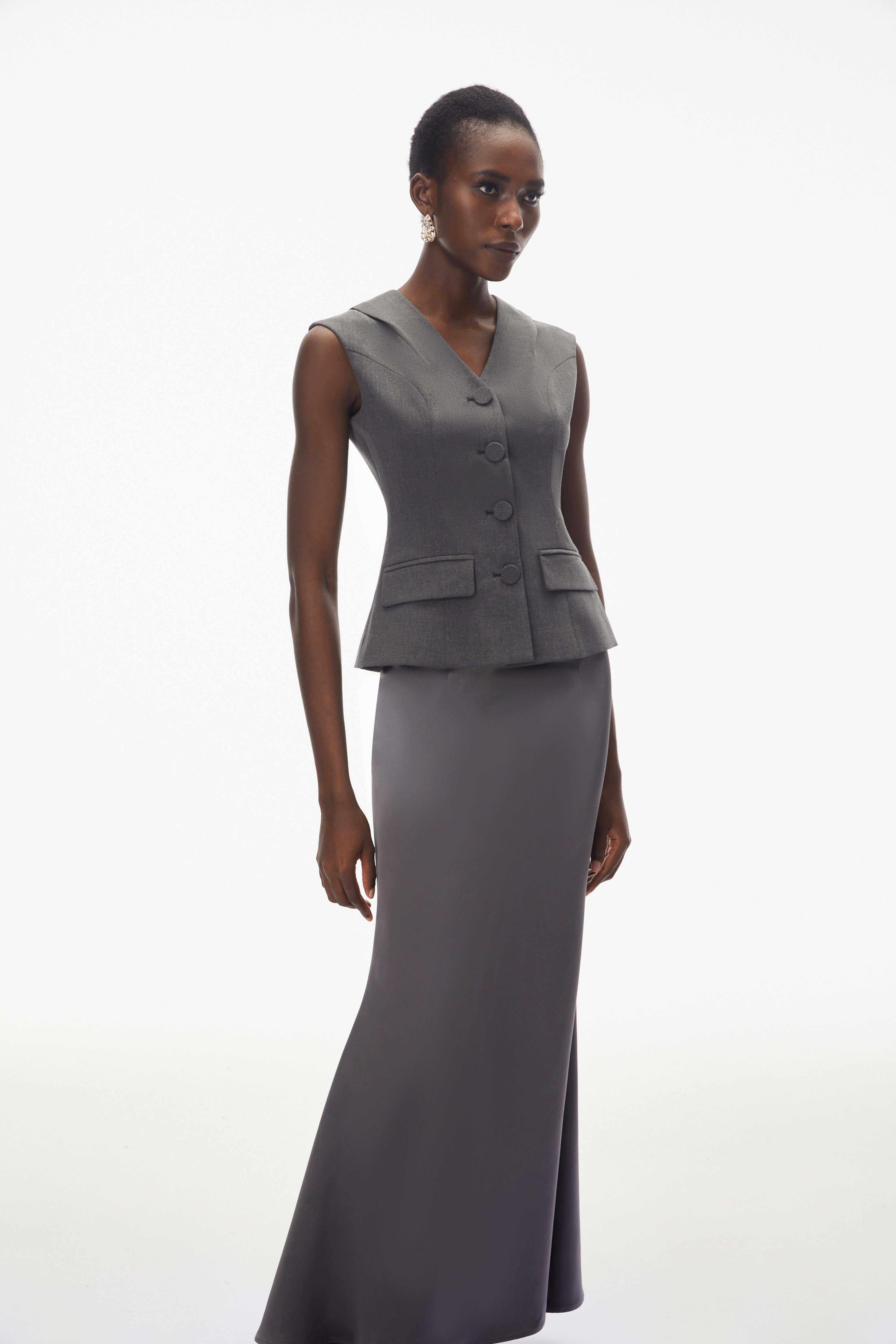 Delaram Grey Sleeveless Top & Fishtail Skirt Set