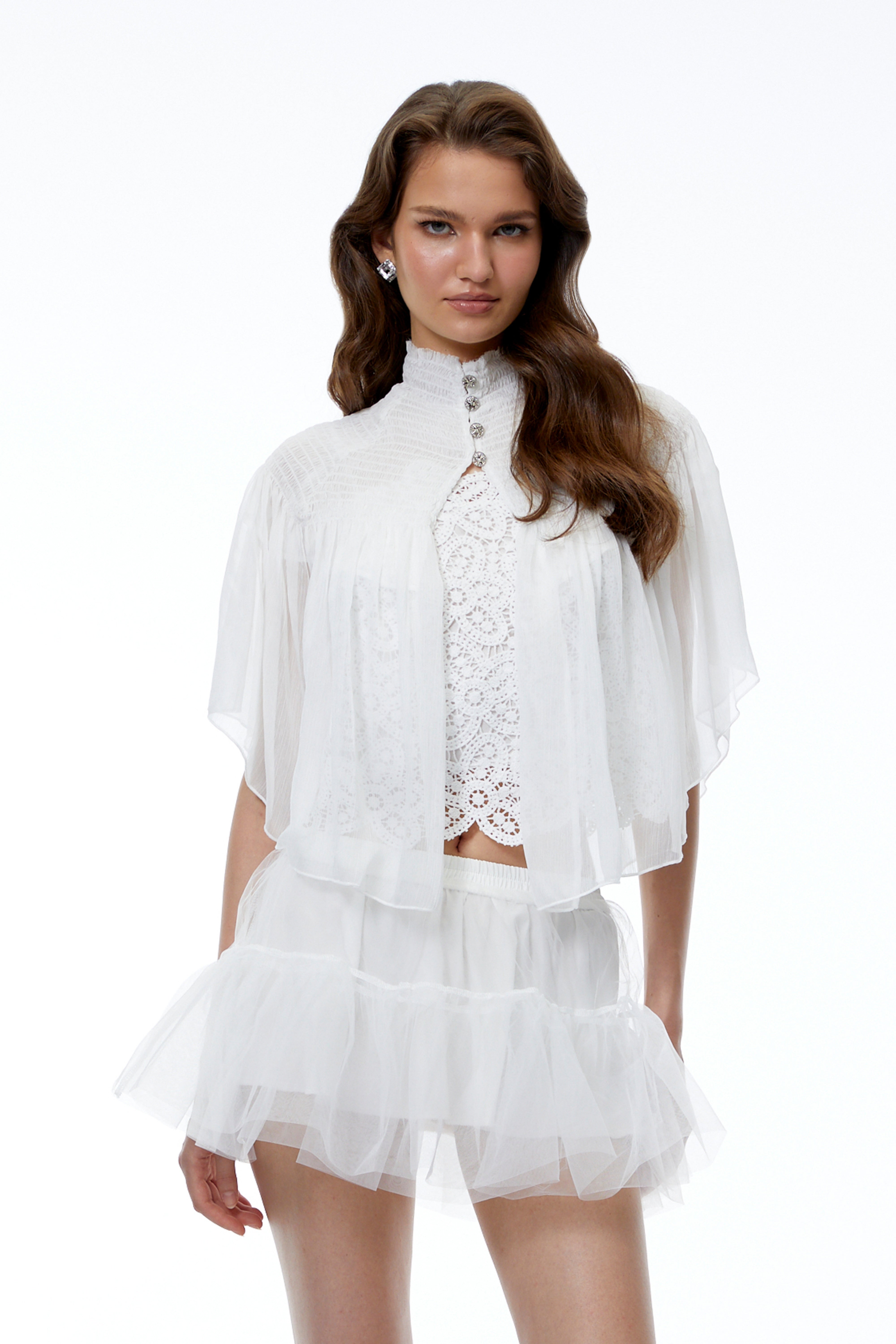 Delphine White Mock Neck Pleated Crop Cape