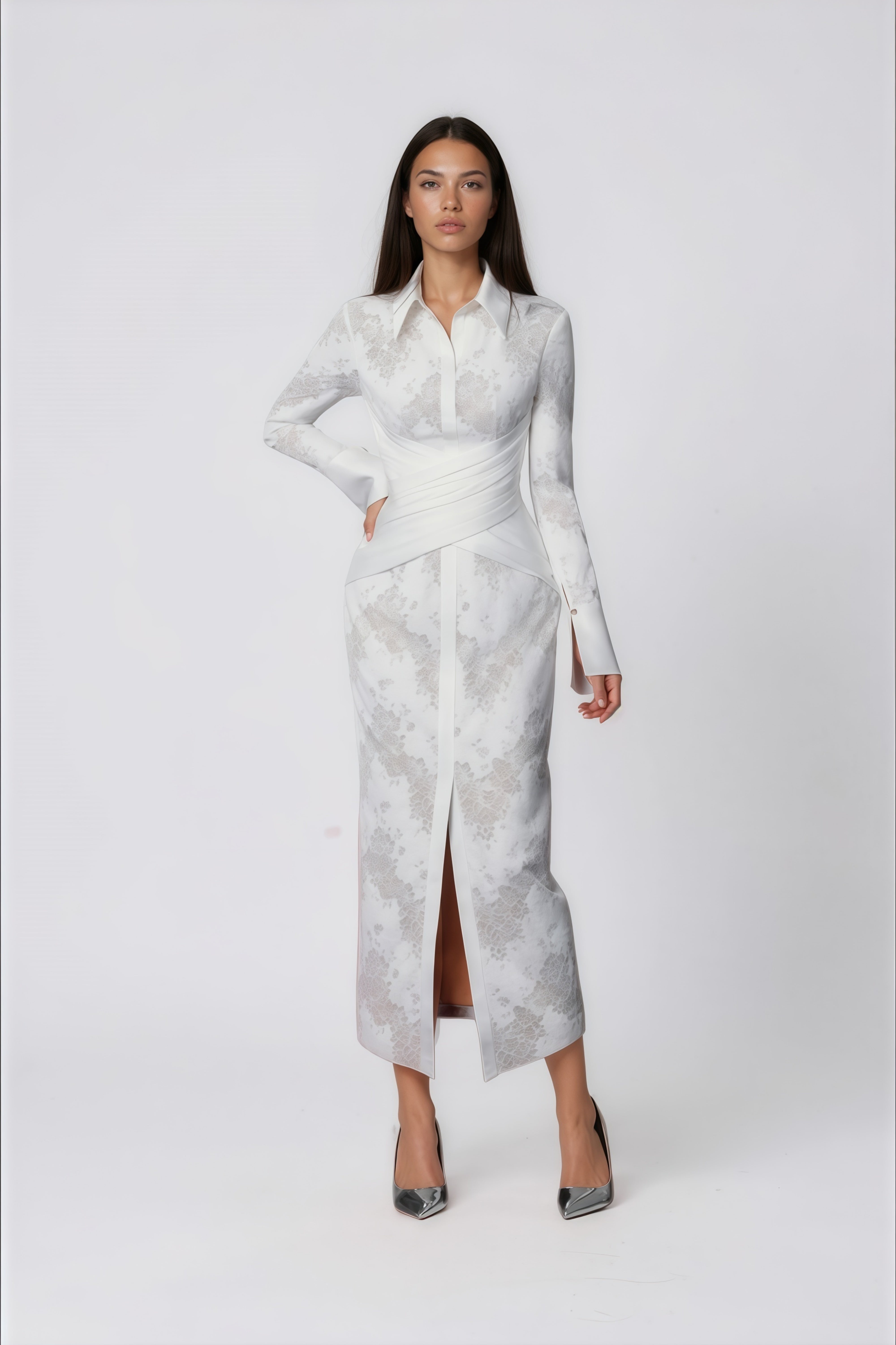 Yarden White Floral Lace Wrap Midi Dress