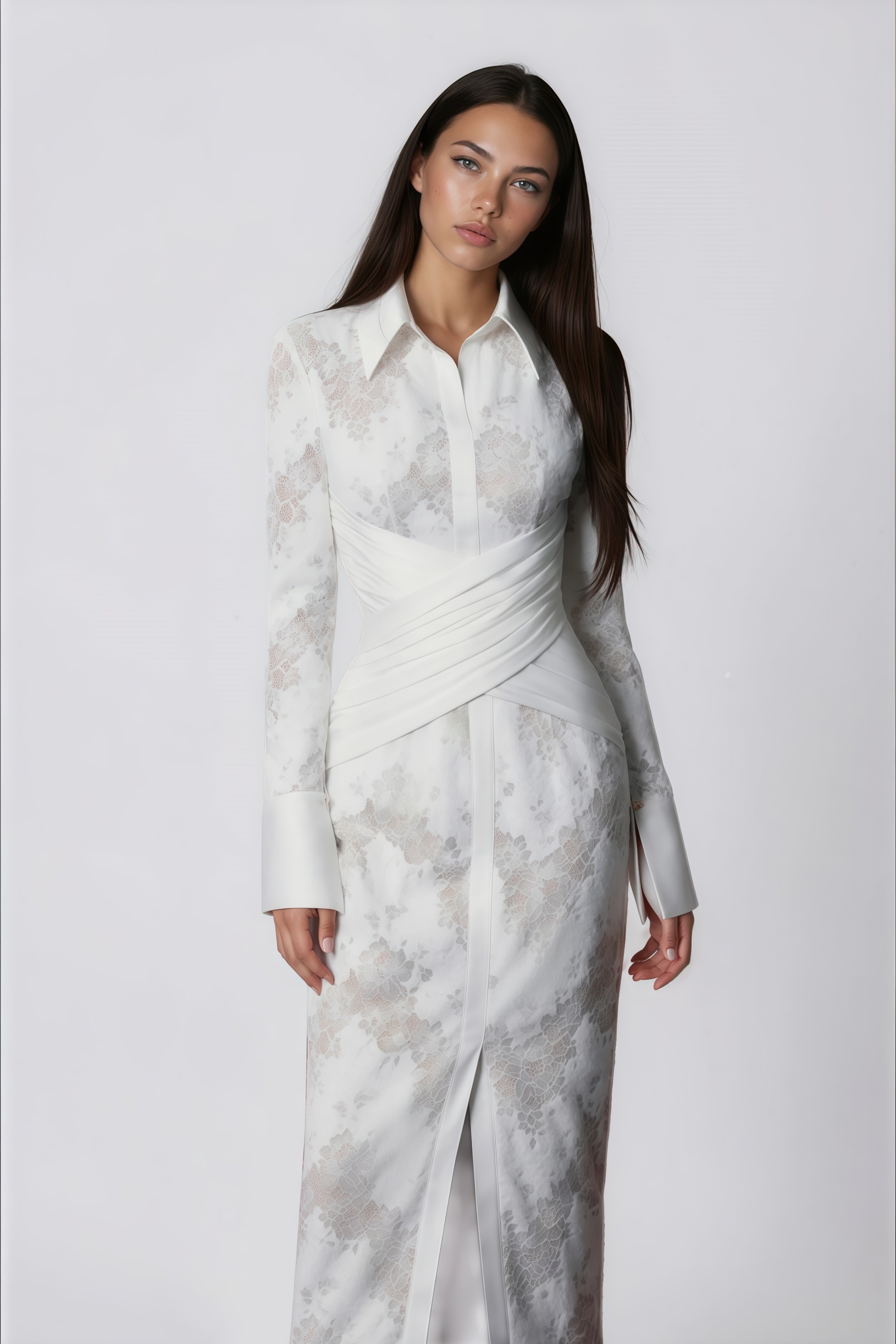 Yarden White Floral Lace Wrap Midi Dress