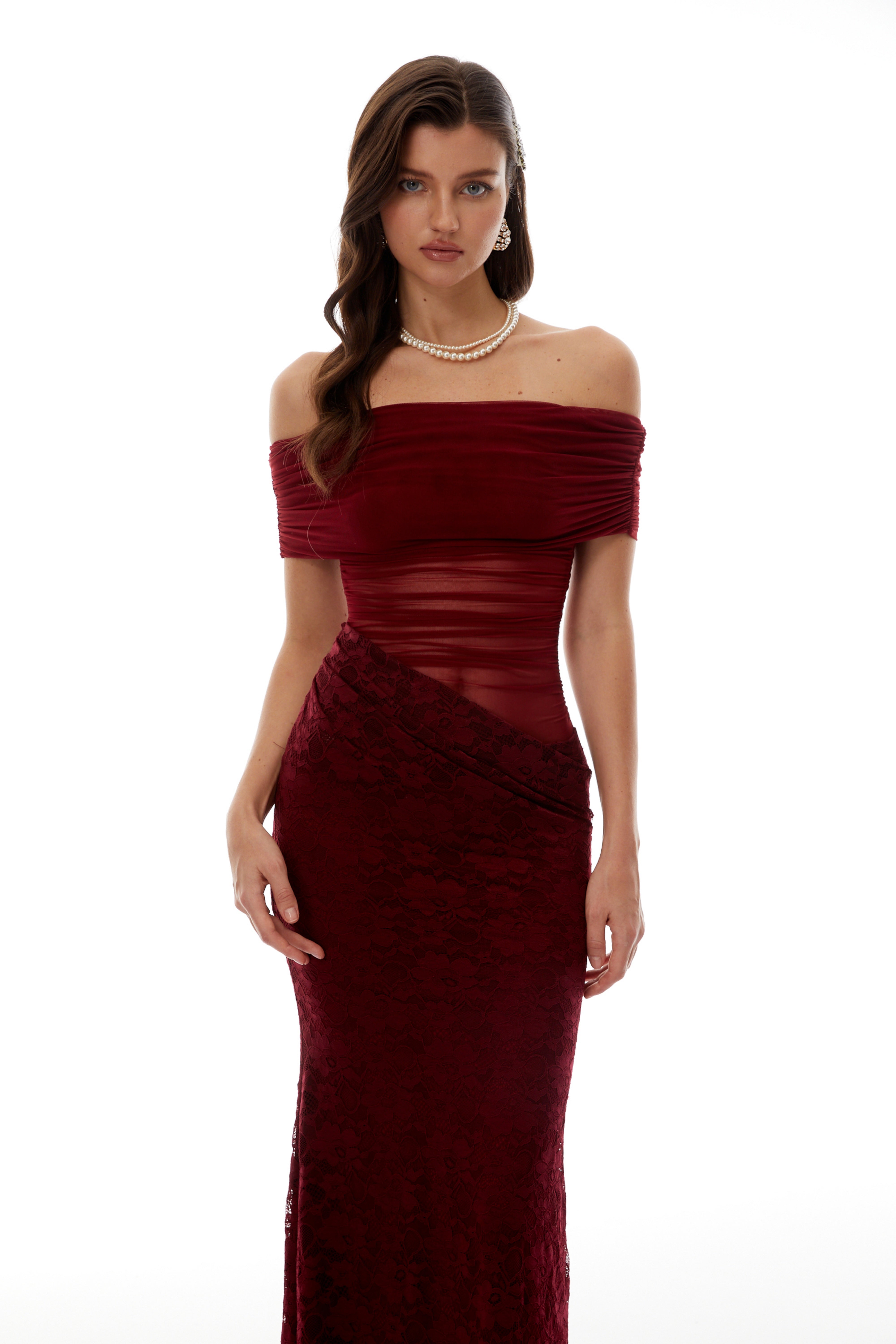 Dianthe Red Lace Panel Mesh Midi Dress (Final Sale)