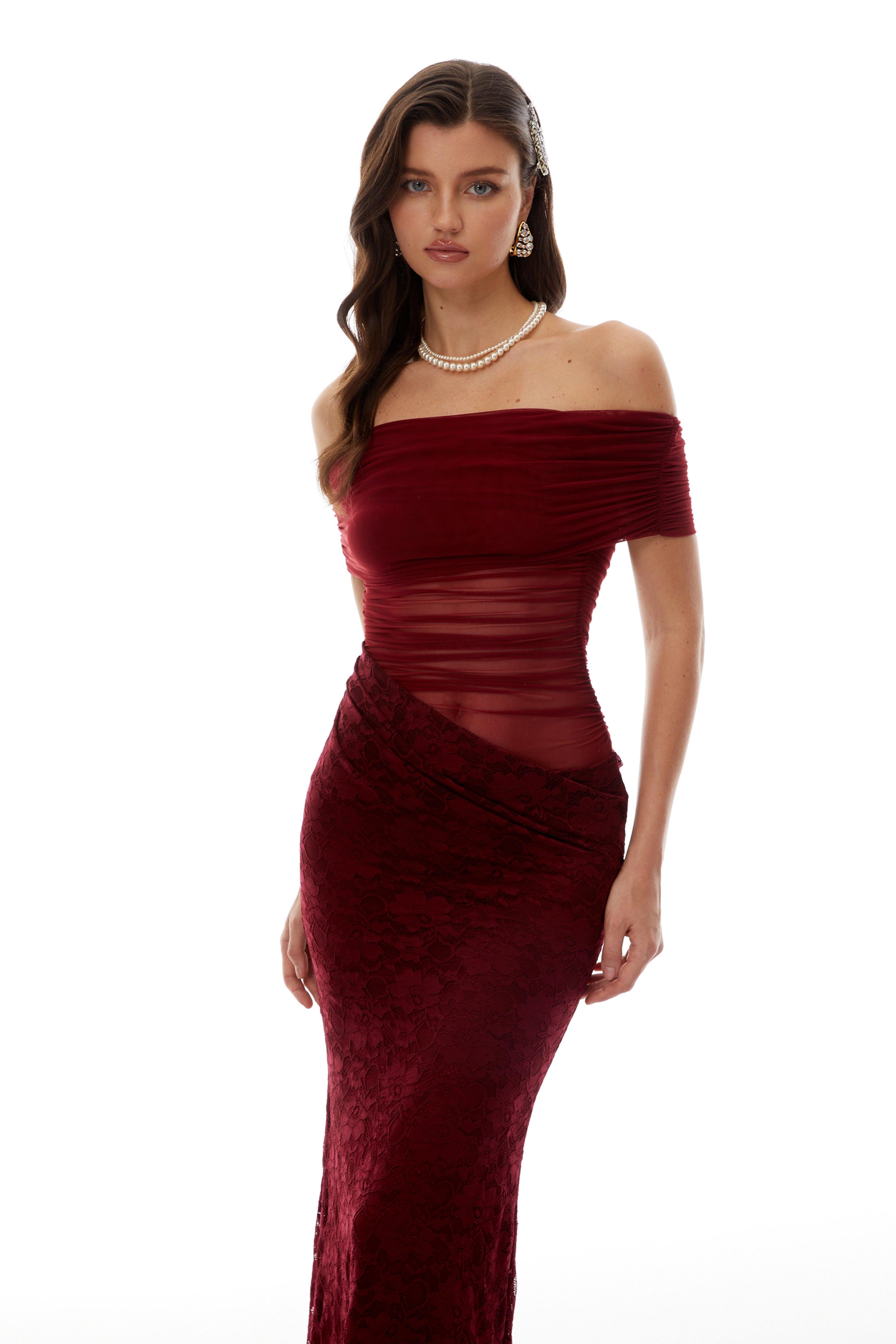 Dianthe Red Lace Panel Mesh Midi Dress (Final Sale)