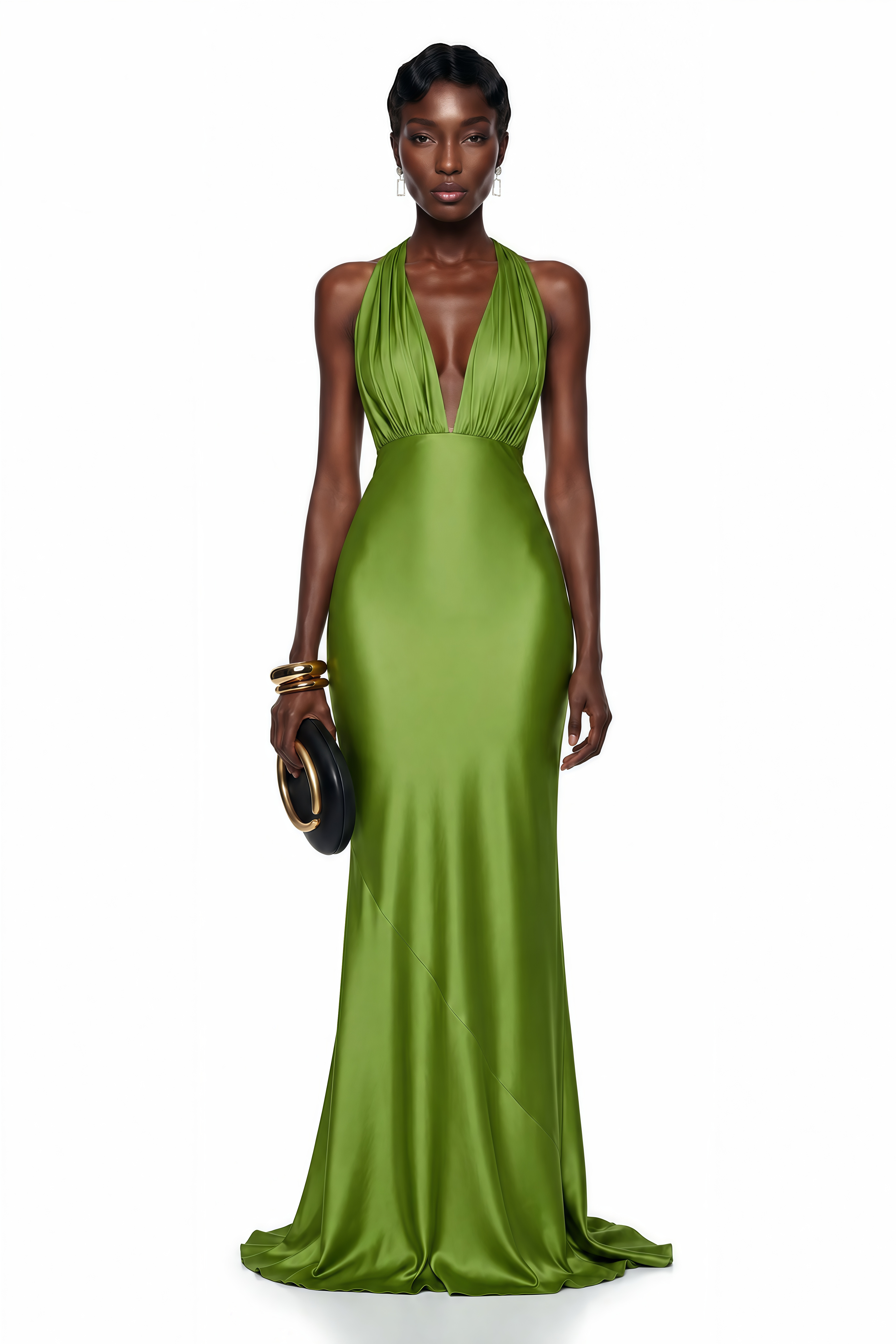 Didem Green Plunge Neck Satin Maxi Dress
