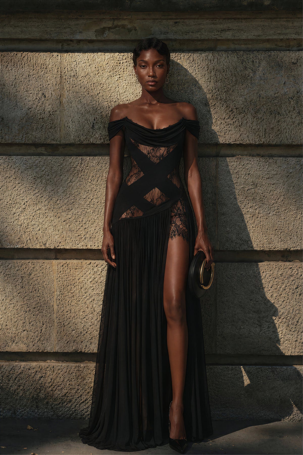 dildar black cross front maxi dress with lace panels