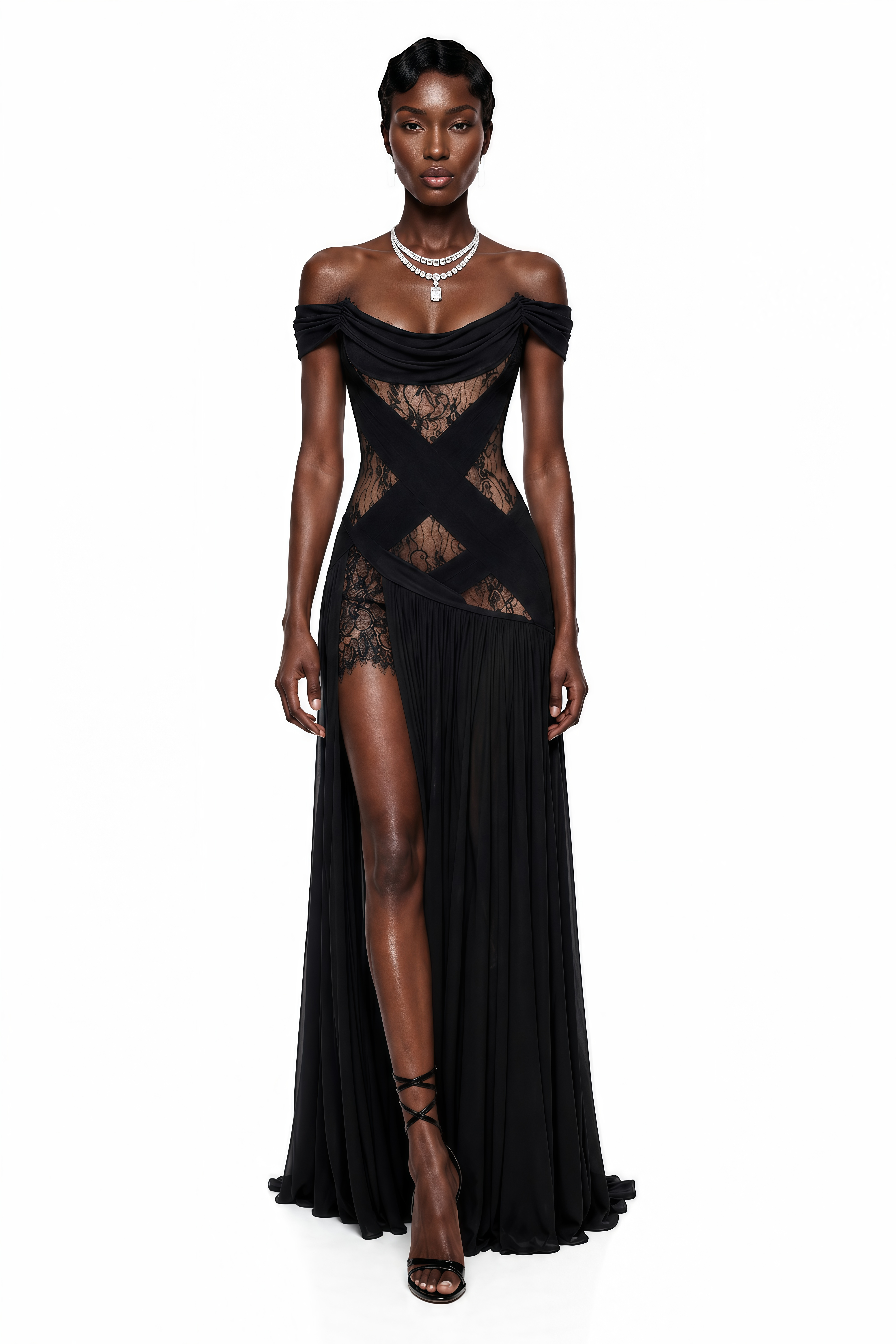 Dildar Black Cross Front Maxi Dress with Lace Panels