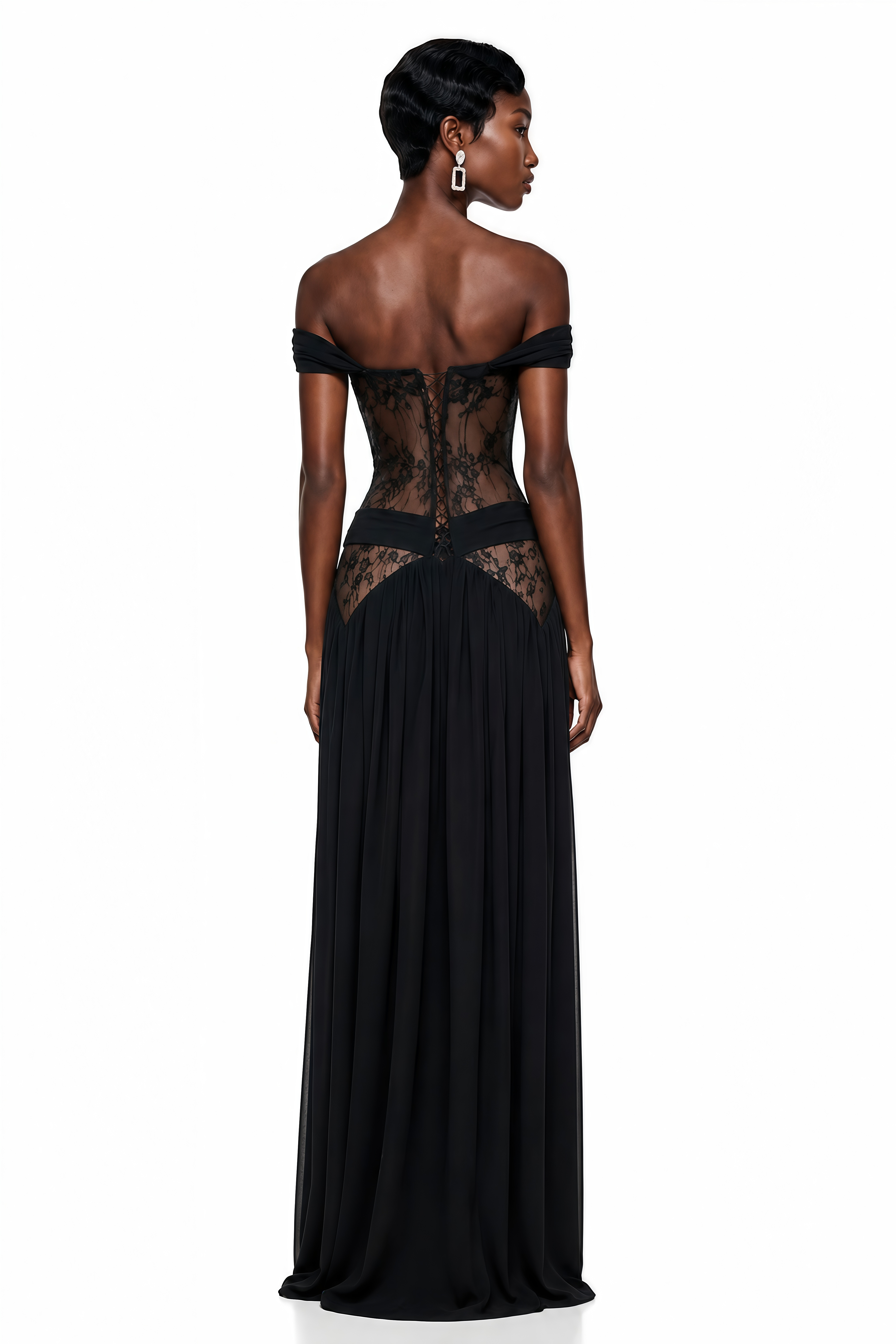 Dildar Black Cross Front Maxi Dress with Lace Panels
