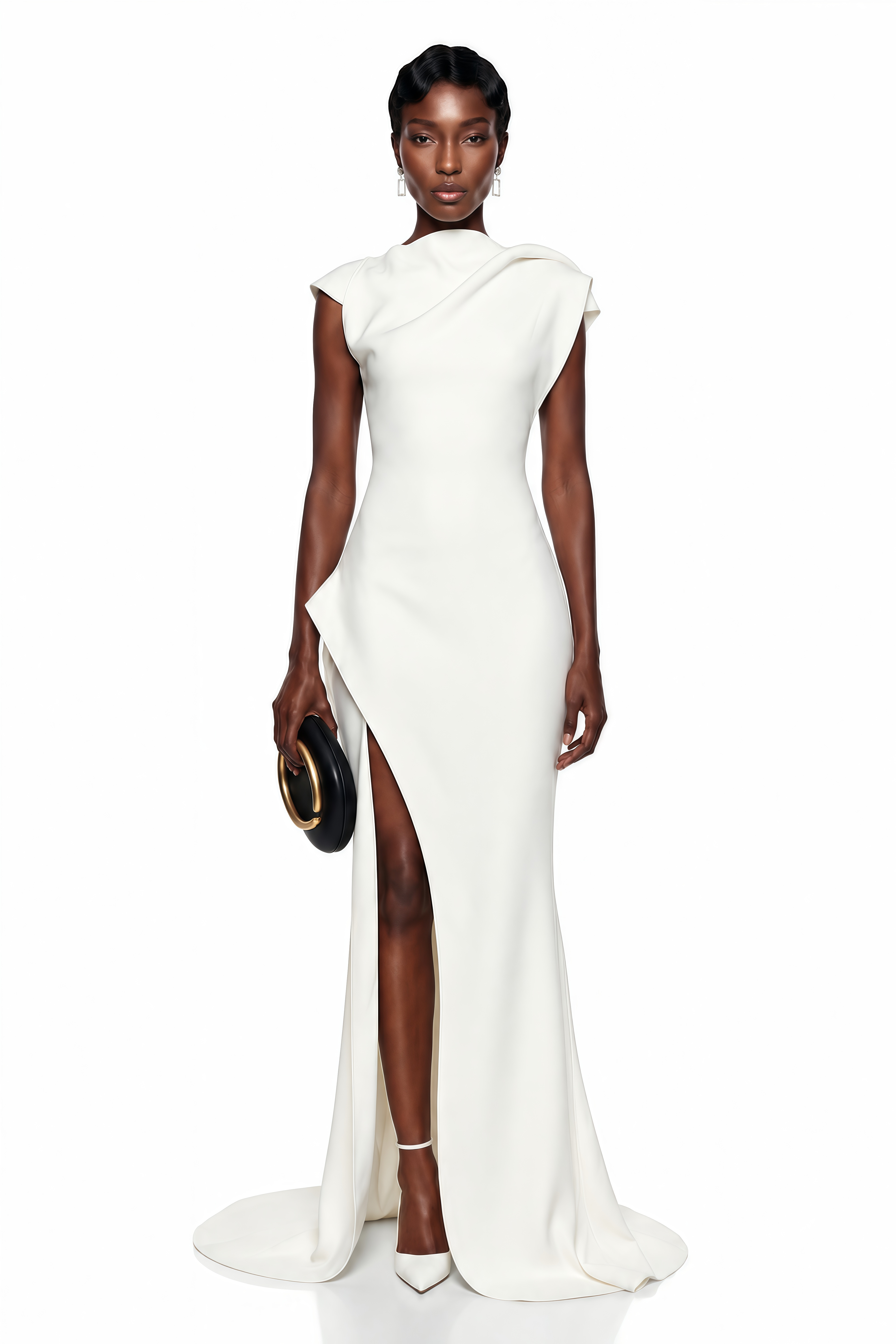 Dilek White Mock Neck Maxi Dress with High Slit