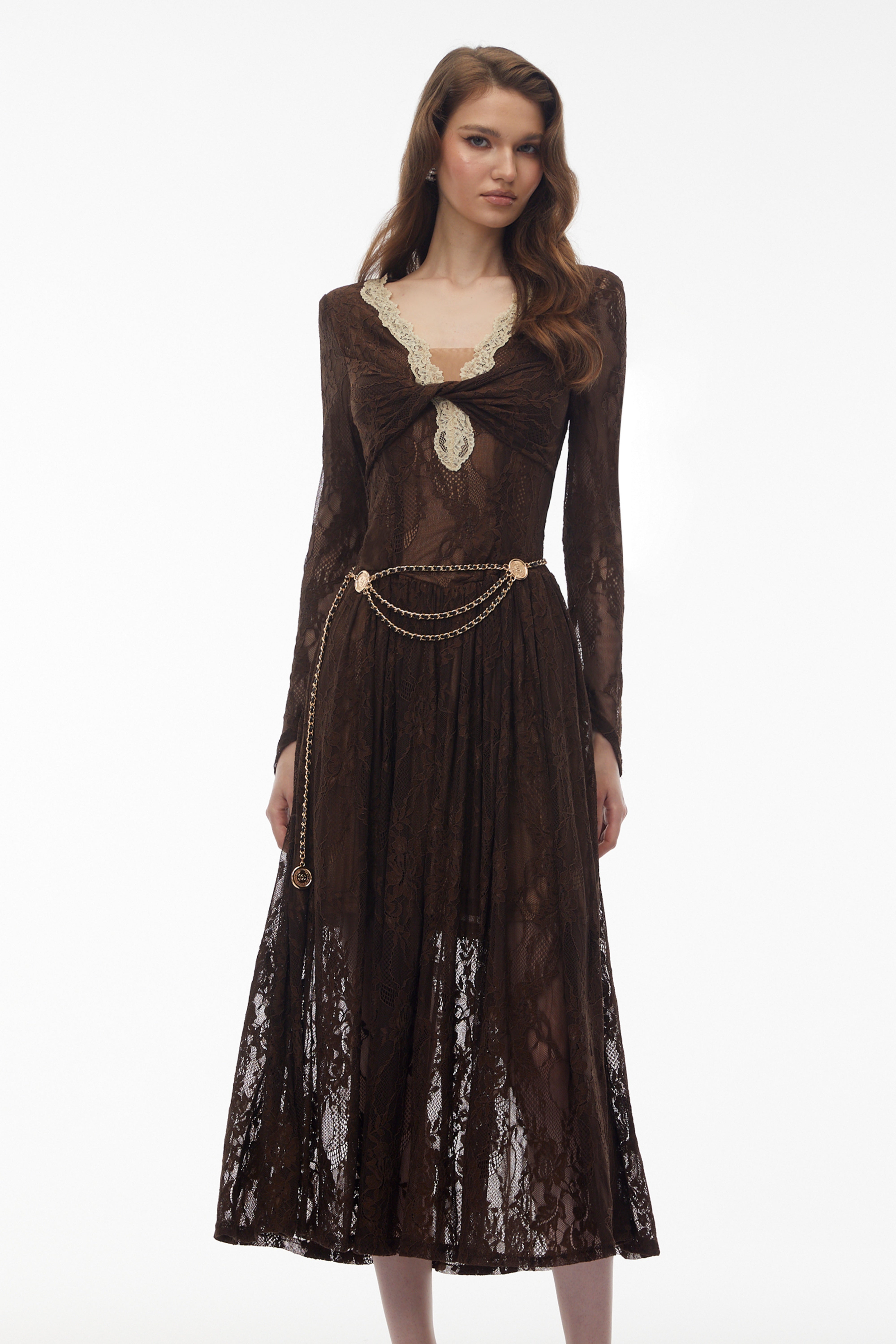 Dione Brown Floral Lace Twist Midi Dress