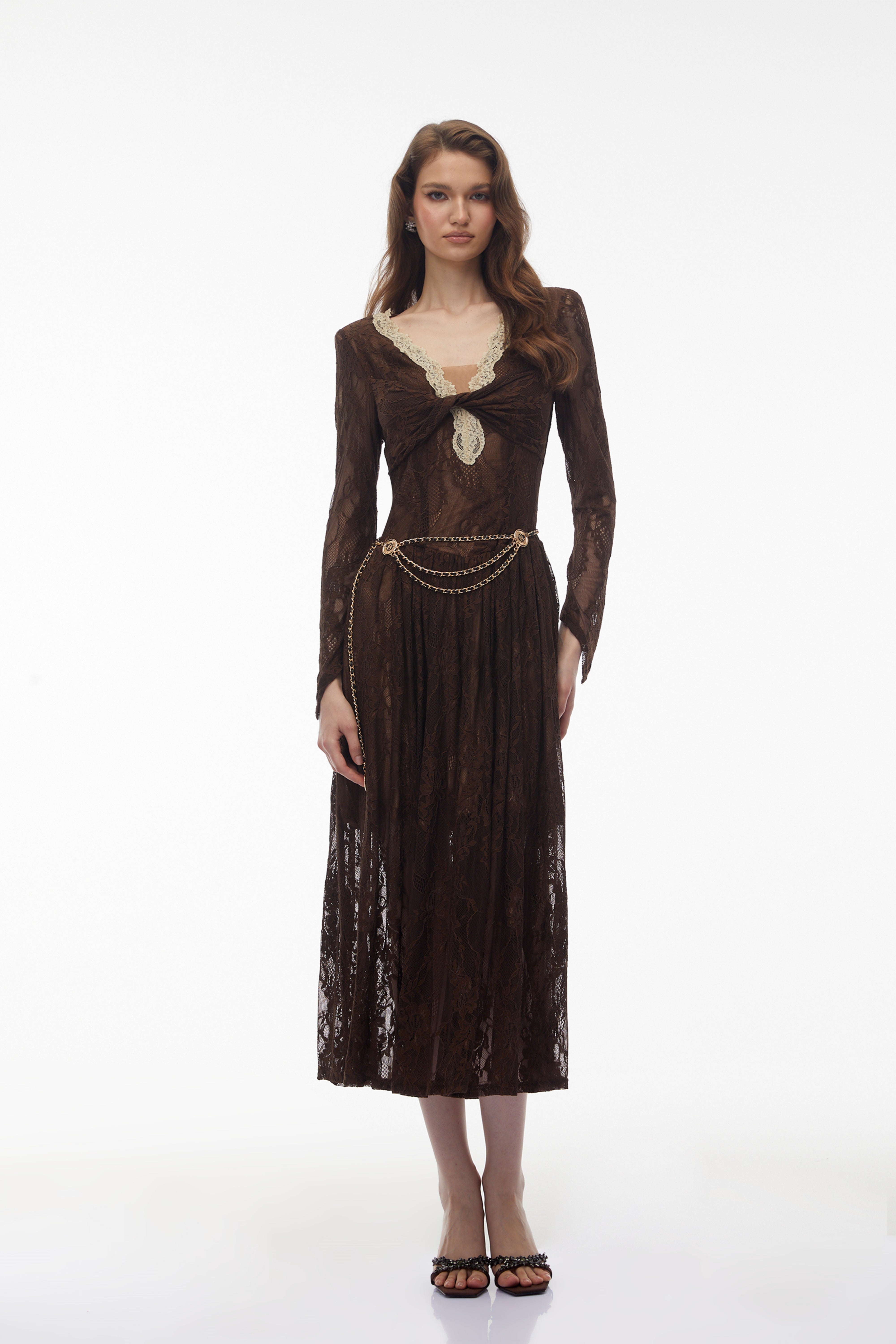 Dione Brown Floral Lace Twist Midi Dress