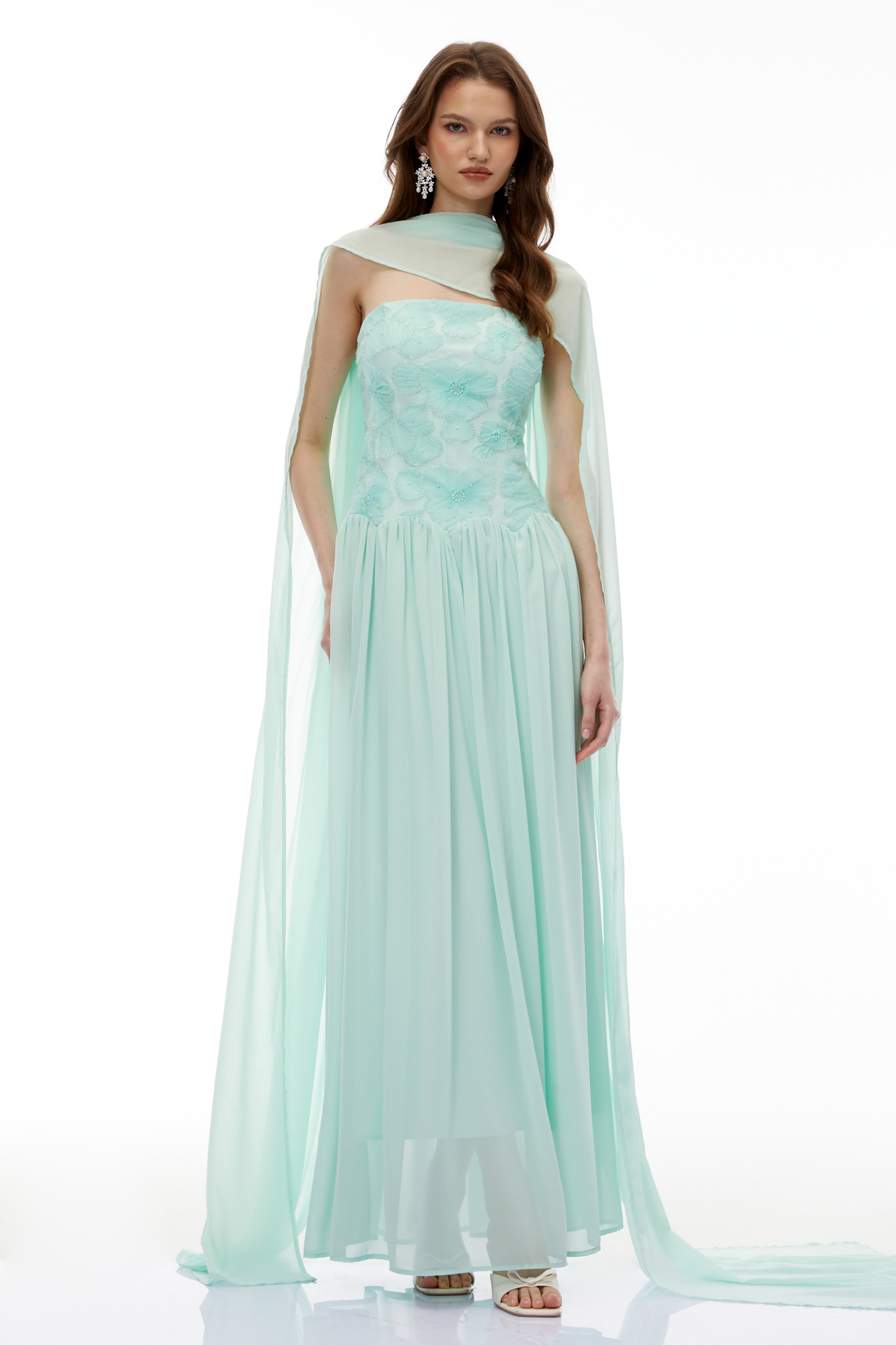 Dobromila Green Floral Embroidered Pleated Maxi Dress