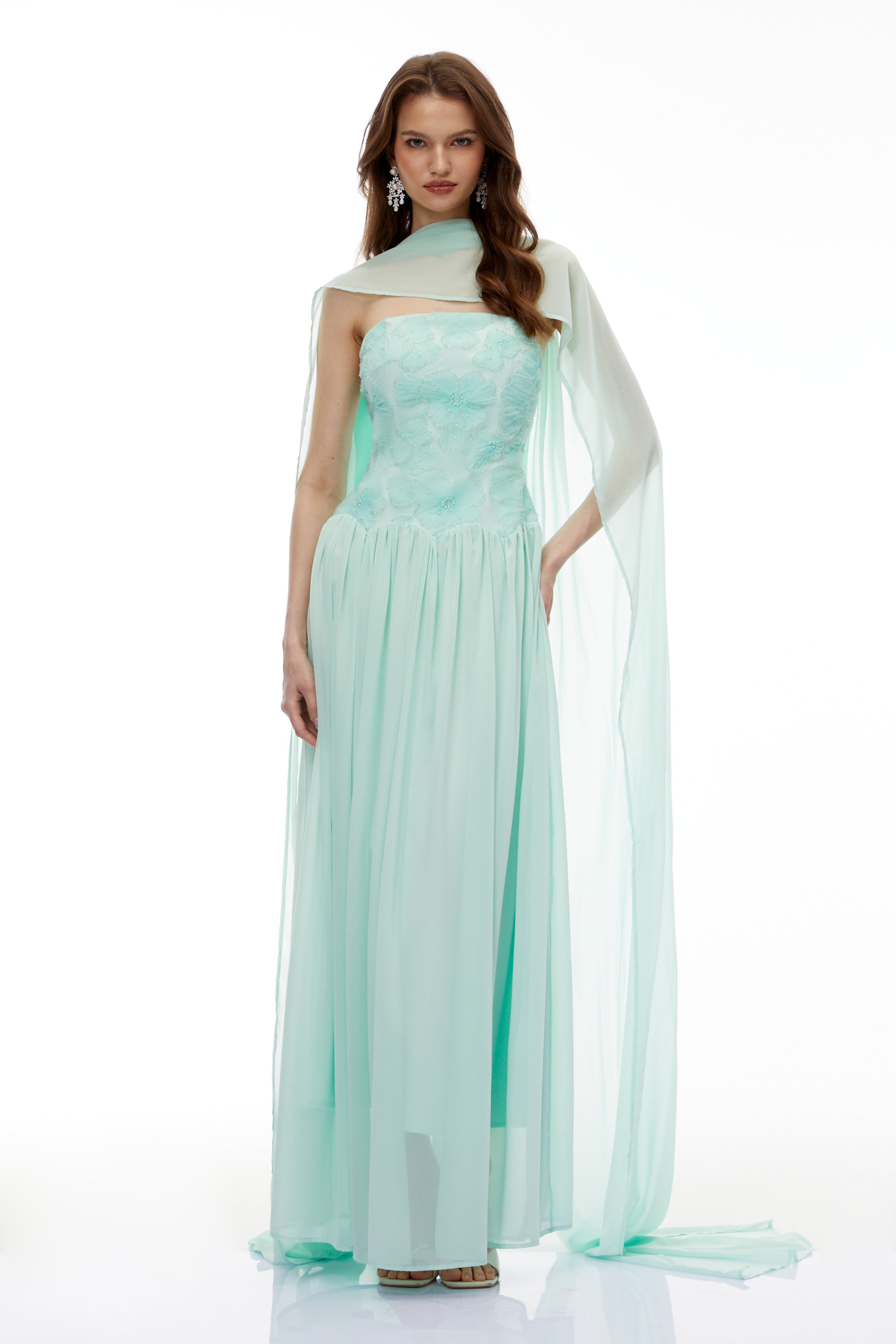 Dobromila Green Floral Embroidered Pleated Maxi Dress