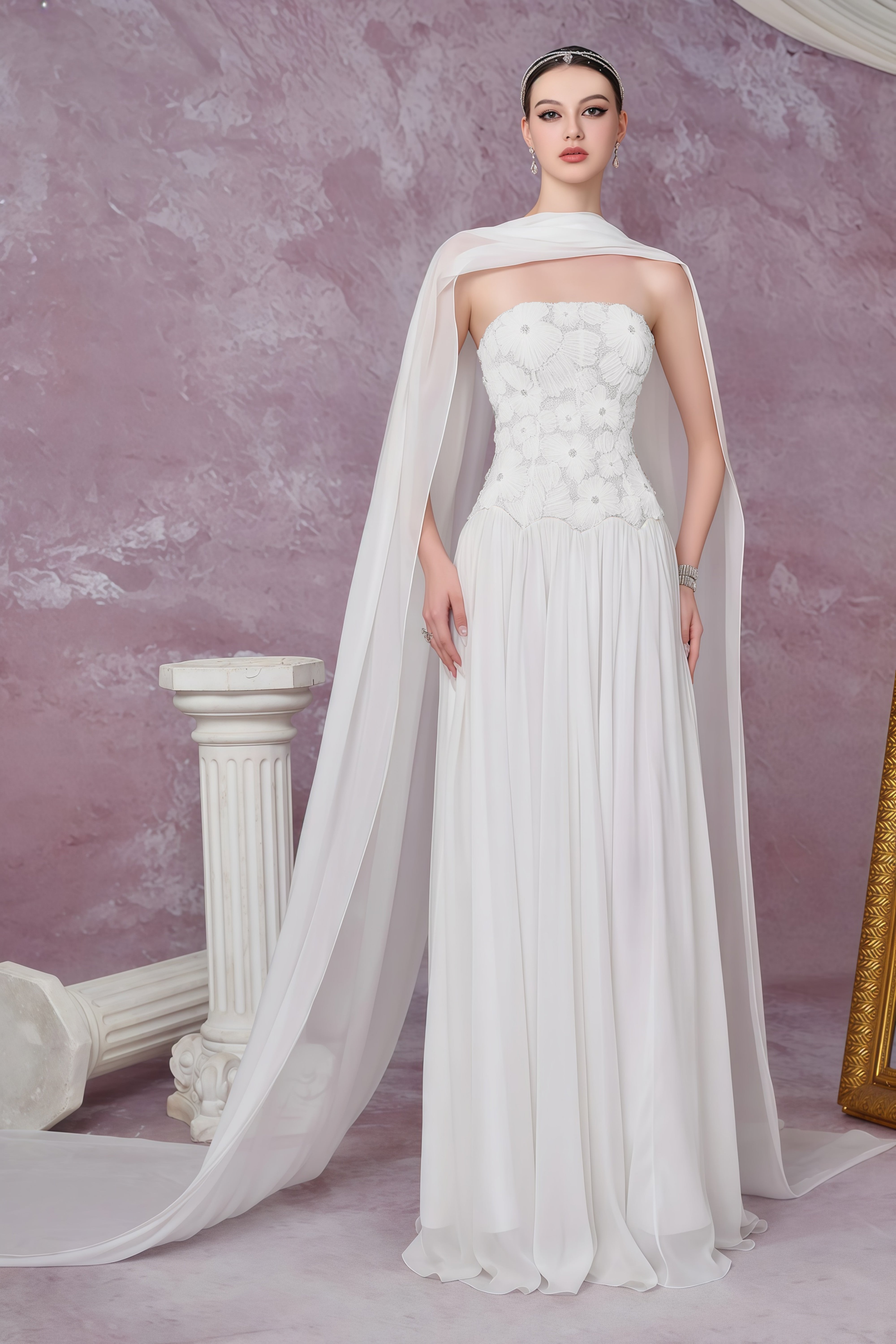 Dobromila White Floral Embroidered Pleated Maxi Dress (Final Sale-US Only)