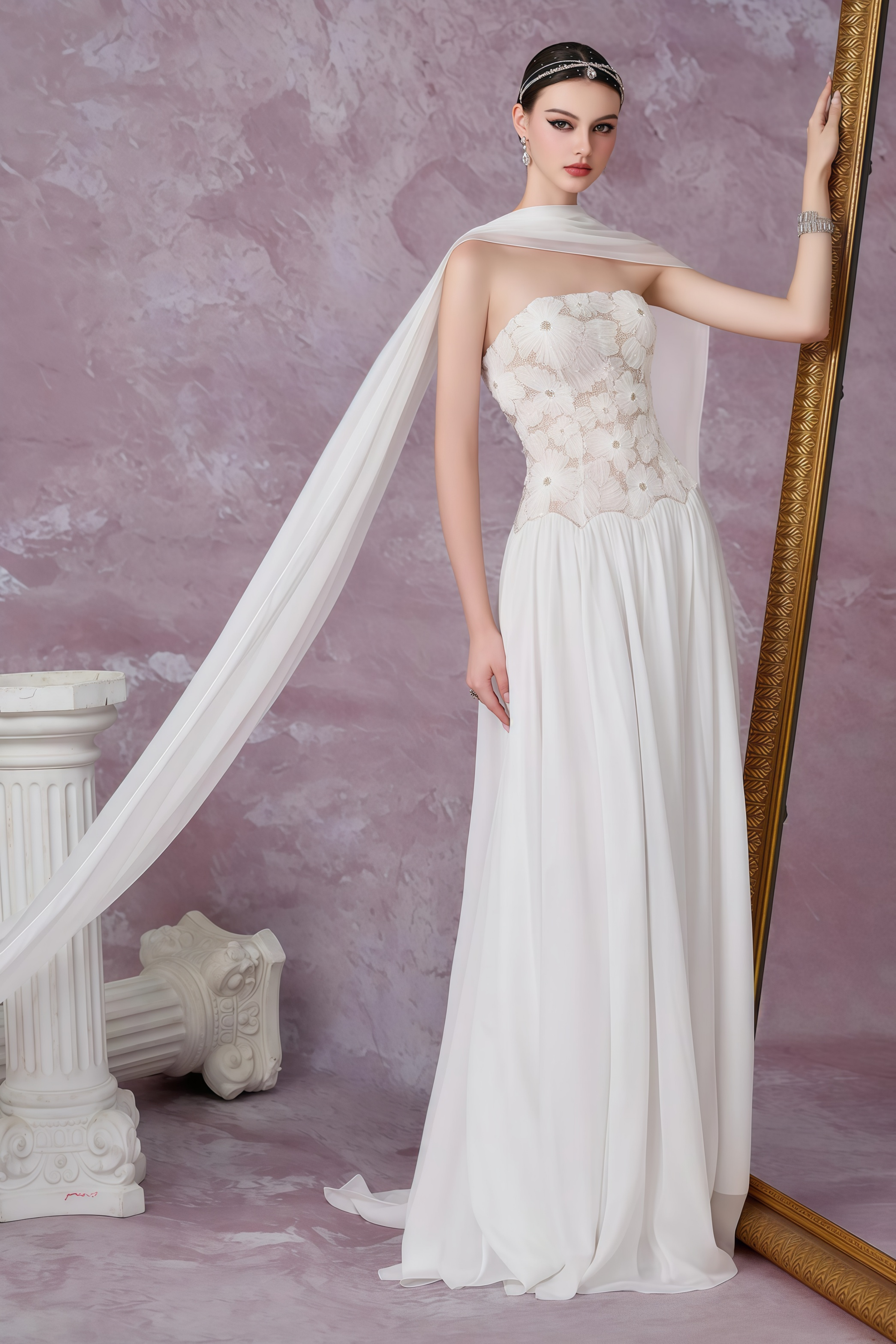 Dobromila White Floral Embroidered Pleated Maxi Dress