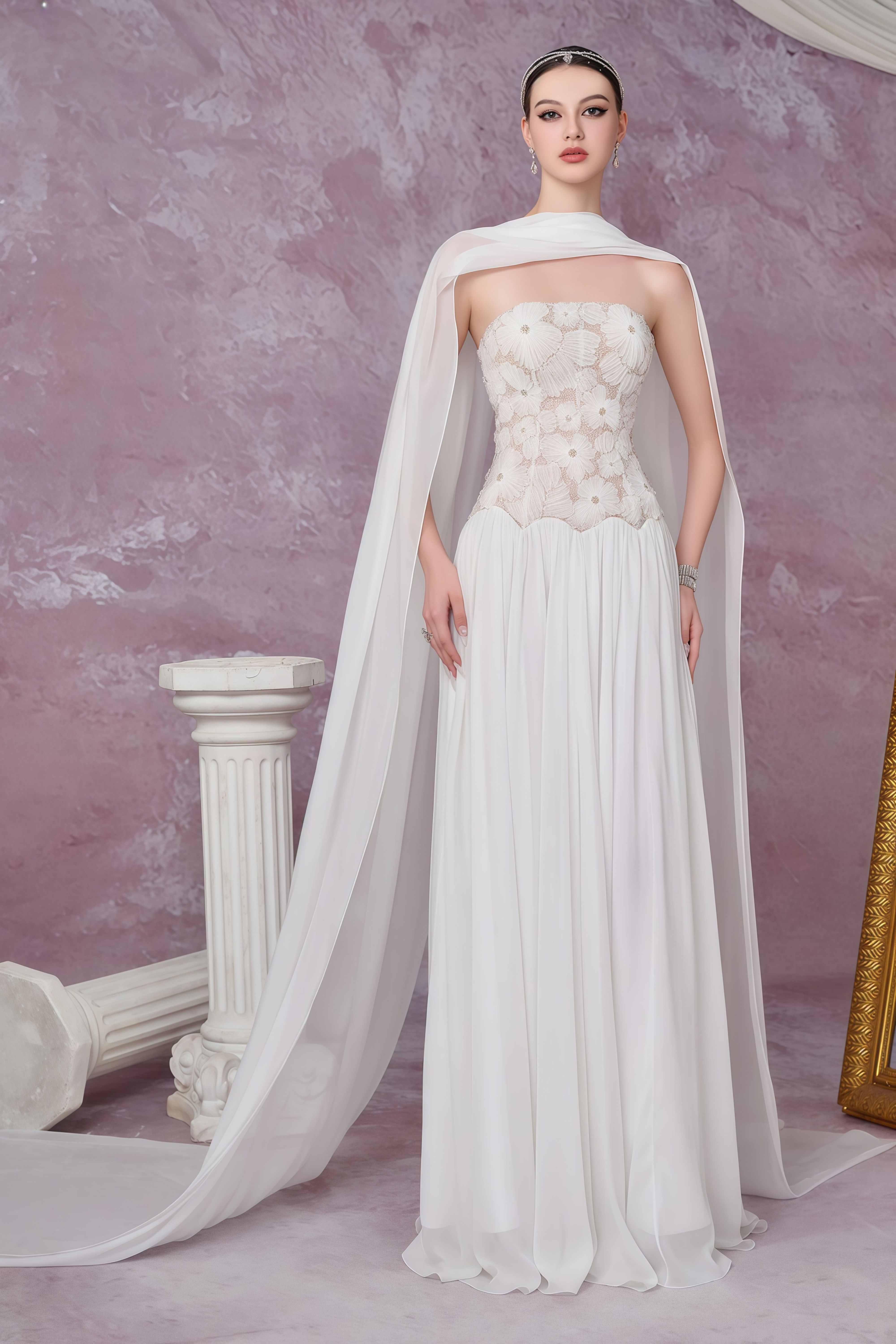 Dobromila White Floral Embroidered Pleated Maxi Dress