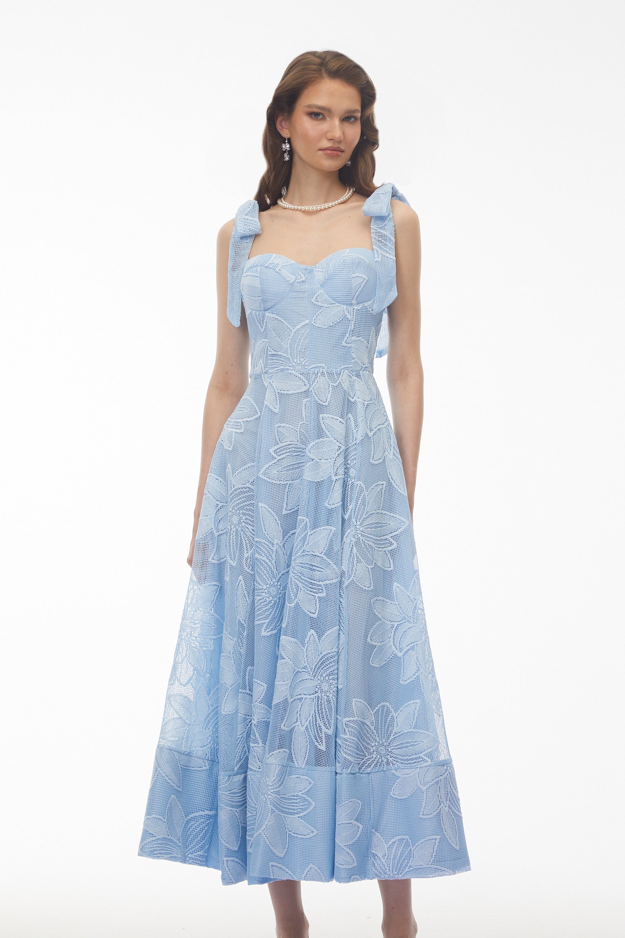 Doris Blue Sweetheart Floral Embroidered Maxi Dress