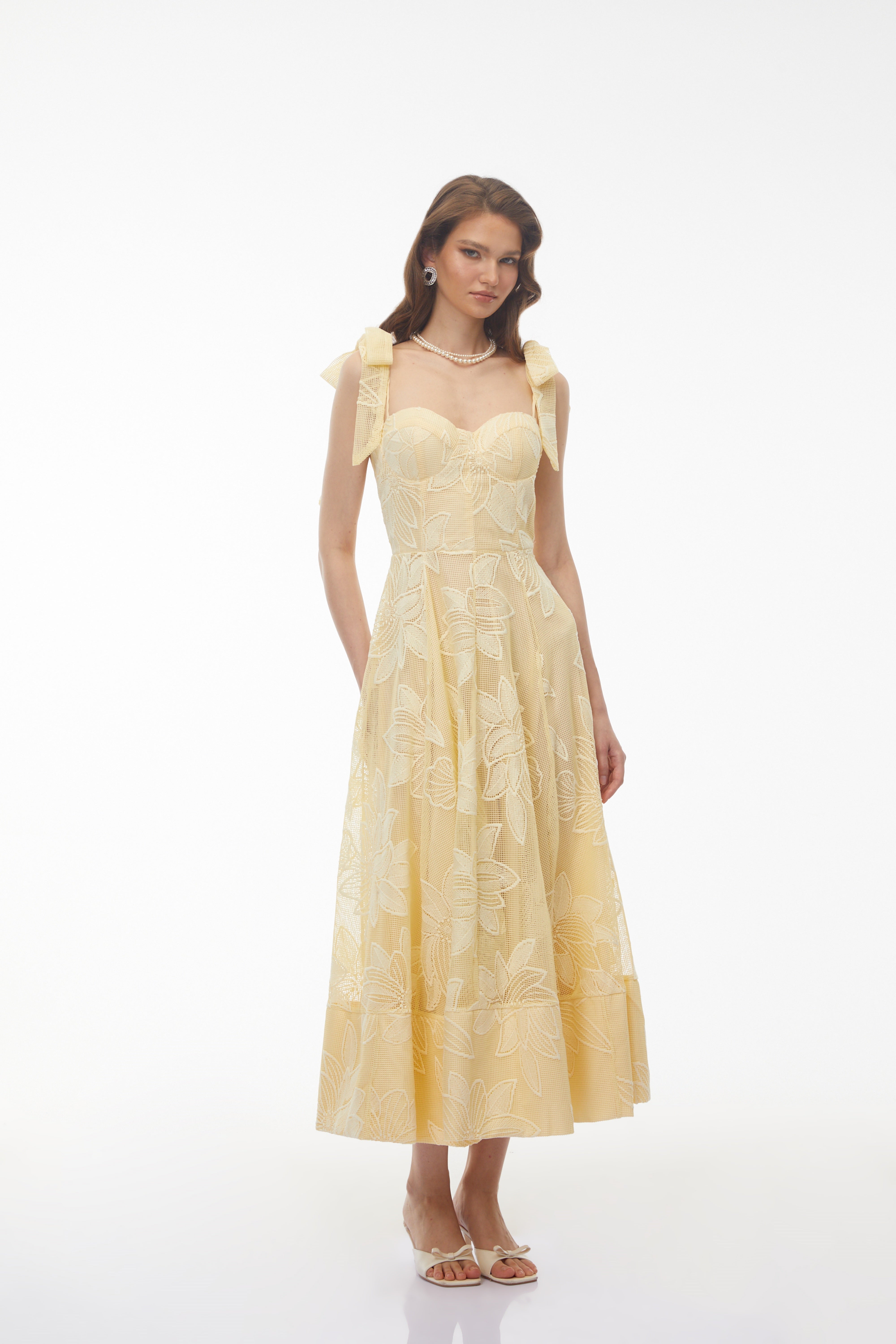 Doris Butter Yellow Sweetheart Floral Embroidered Maxi Dress