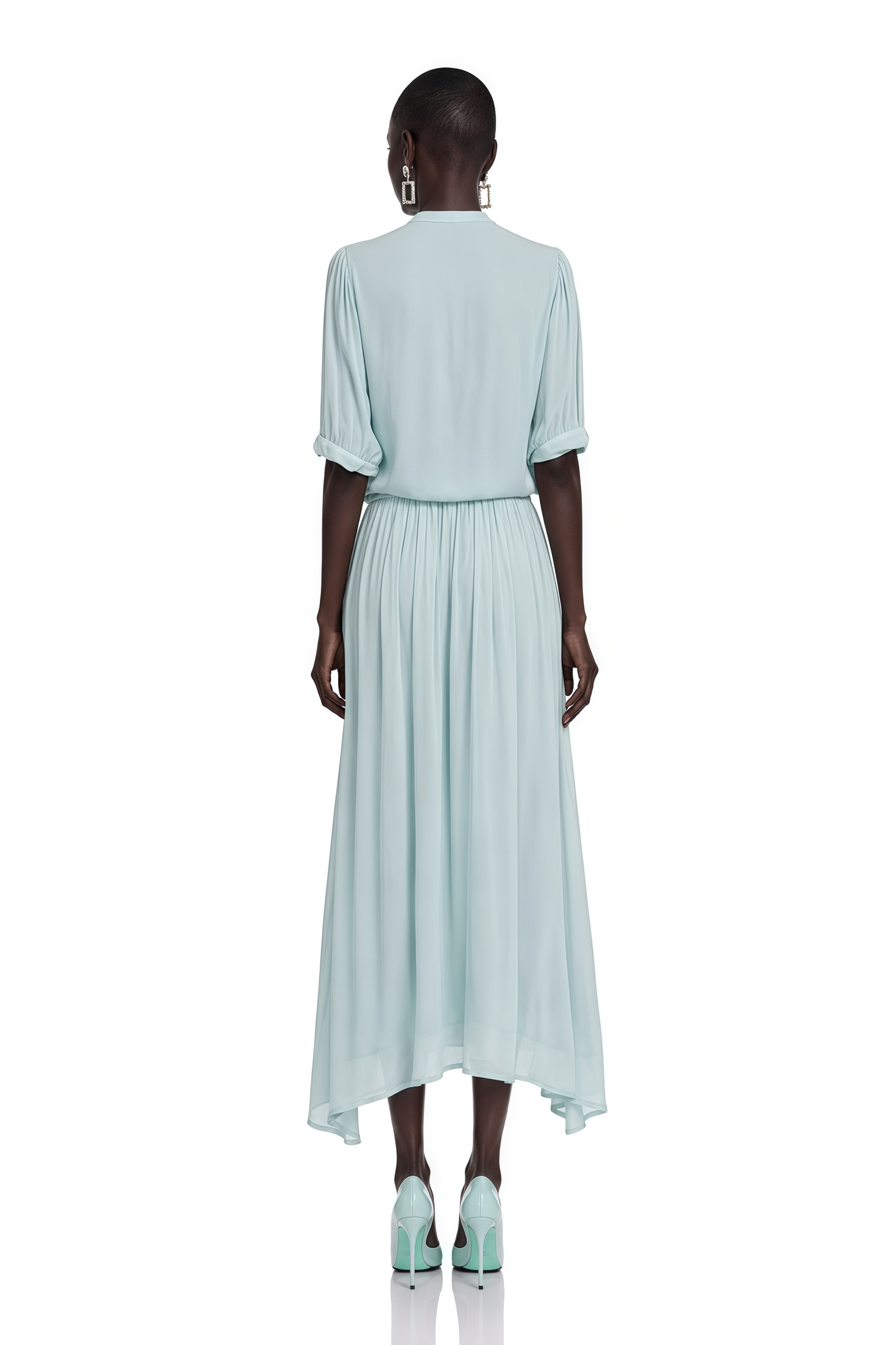 Duygu Light Mint Asymmetrical Pleated Maxi Dress