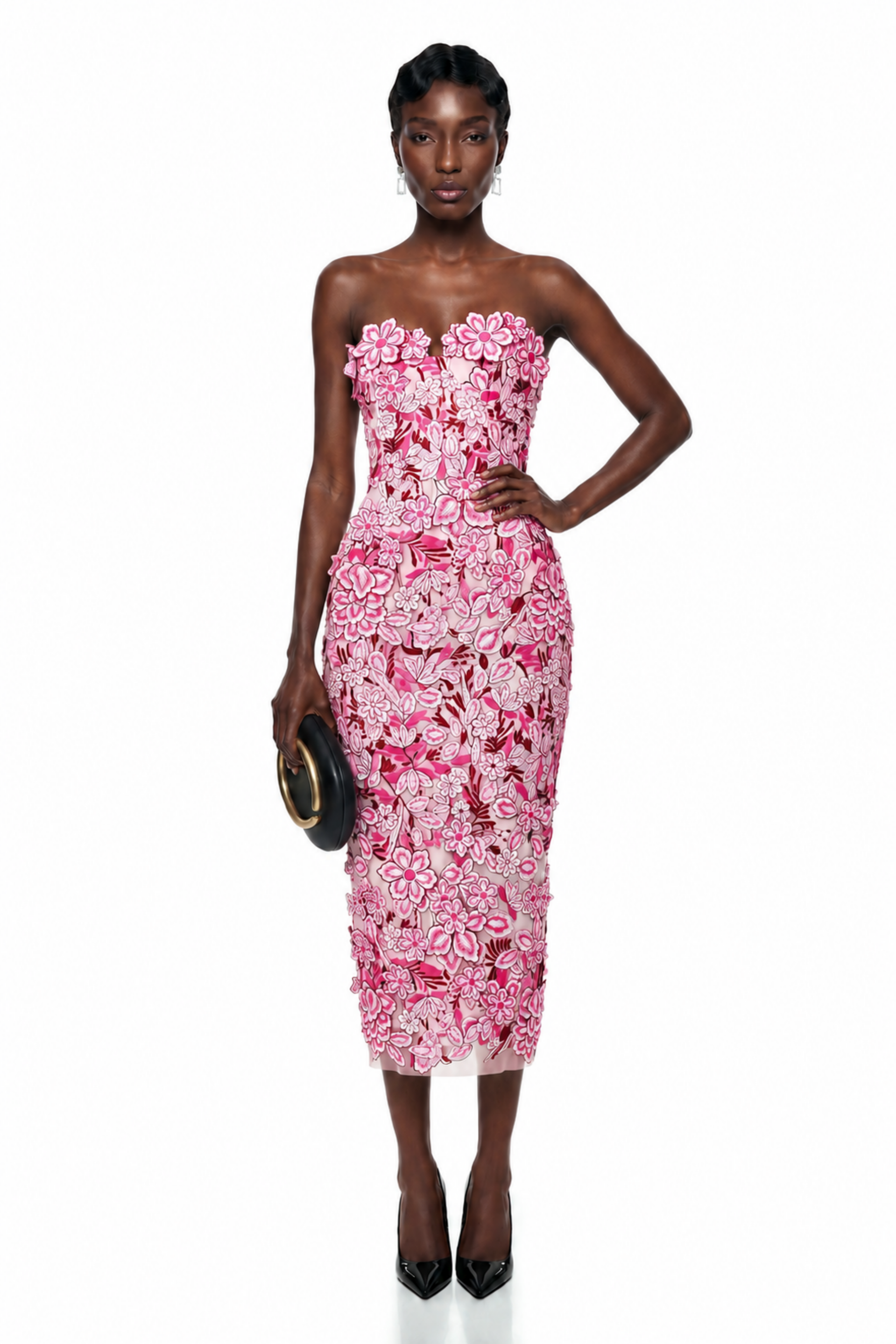 Duygu Pink Off Shoulder Midi Dress with 3D Florals