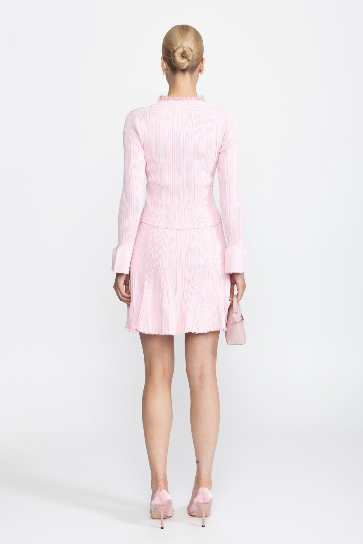 Beaded Trim Rib Knit Cardigan and Mini Skirt Co-ord Set - Pink