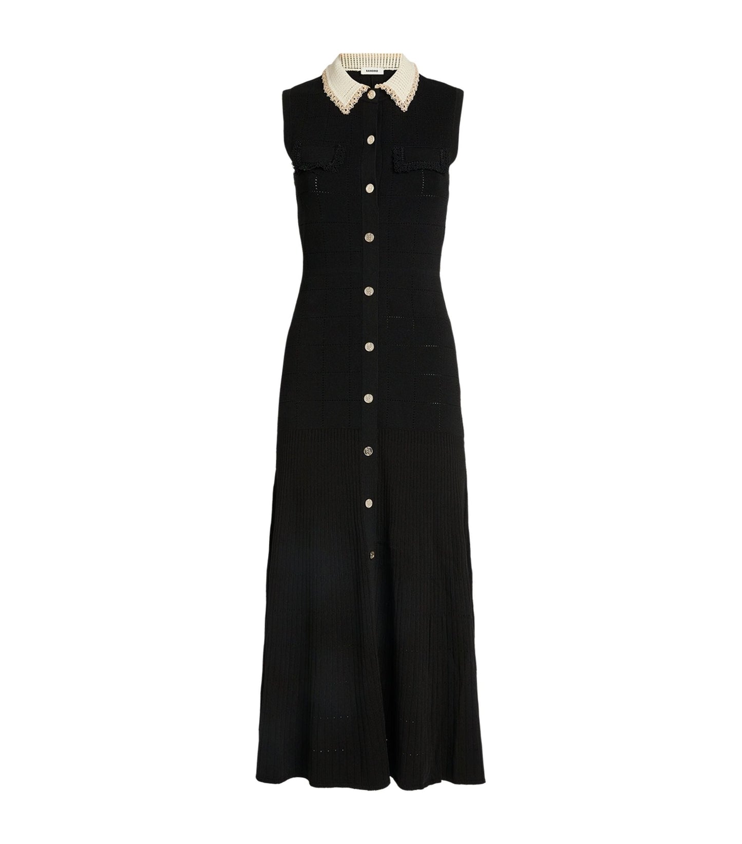 SANDRO Contrast-Collar Midi Dress - Black